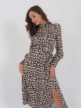 Freshlions Druckkleid Langes Leopard Kleid mit Bindegurt 'BELMIRA' Beige XL Sonstige, Taillentunnelzug