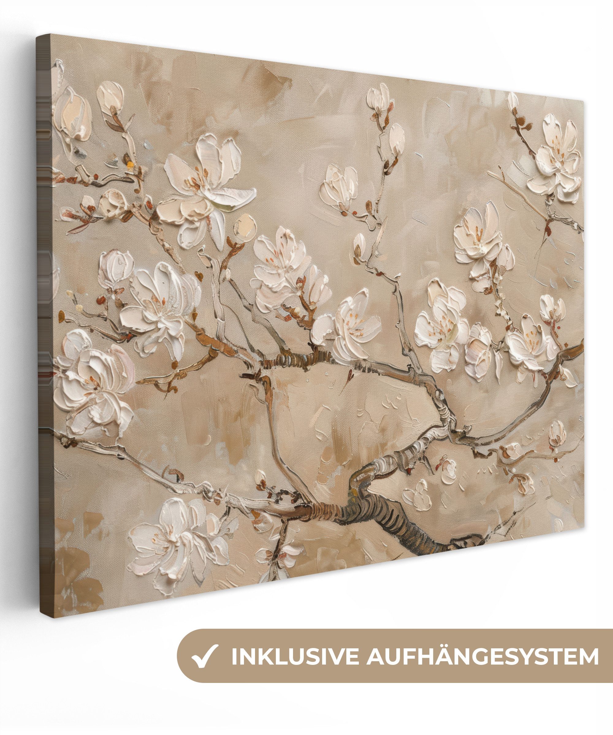 OneMillionCanvasses® Leinwandbild Blumen - Modern - Beige - Weiß - Blüte, Fotodruck (1 St), Wandbild Leinwandbilder, Aufhängefertig, Wanddeko 40x30 cm
