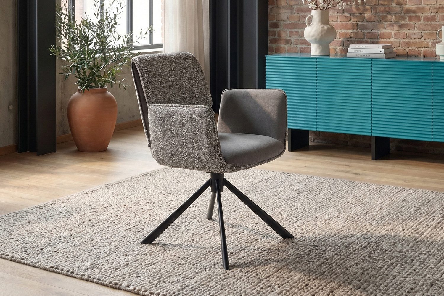 KAWOLA Esszimmerstuhl EDENIA 360° drehbar, mit Armlehnen (1 St), Bouclé-Optik, Auto-Return-Funktion, Stahlgestell