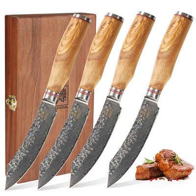 ZAYIKO Steakmesser Minami Damast 4er Steakmesser 12 cm Klingen Olivenholzgriffe Holzbox Hammerschlag auf Klinge