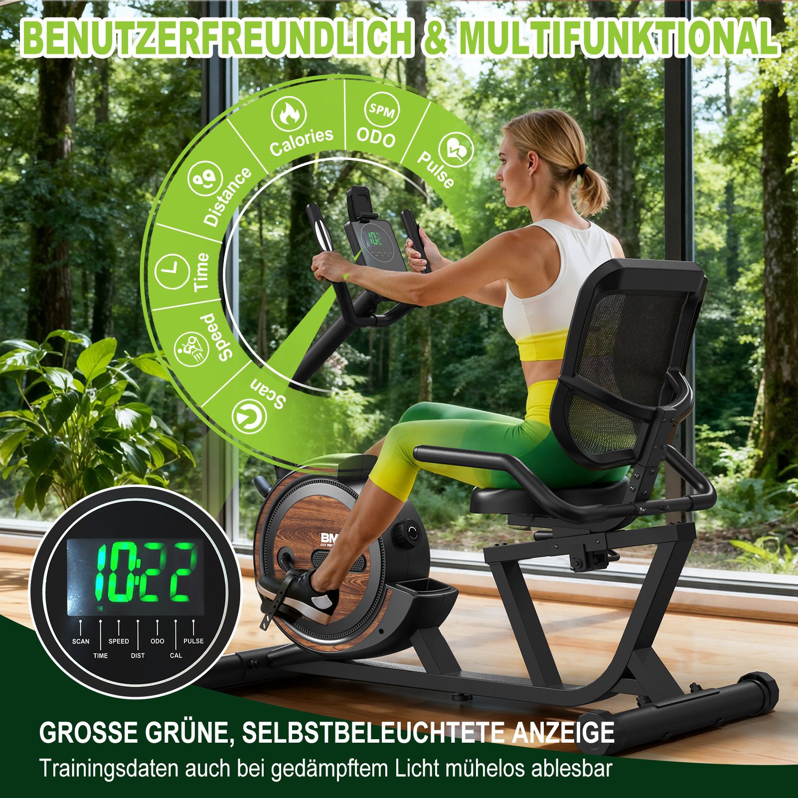 VOWVIT Liege-Heimtrainer mit 16-stufigem Magnetwiderstand, bis 150 kg Traglast (1-tlg), Bluetooth Heimtrainer mit verstellbarem Sitz und beleuchtetem Display – Bild 3 von 5
