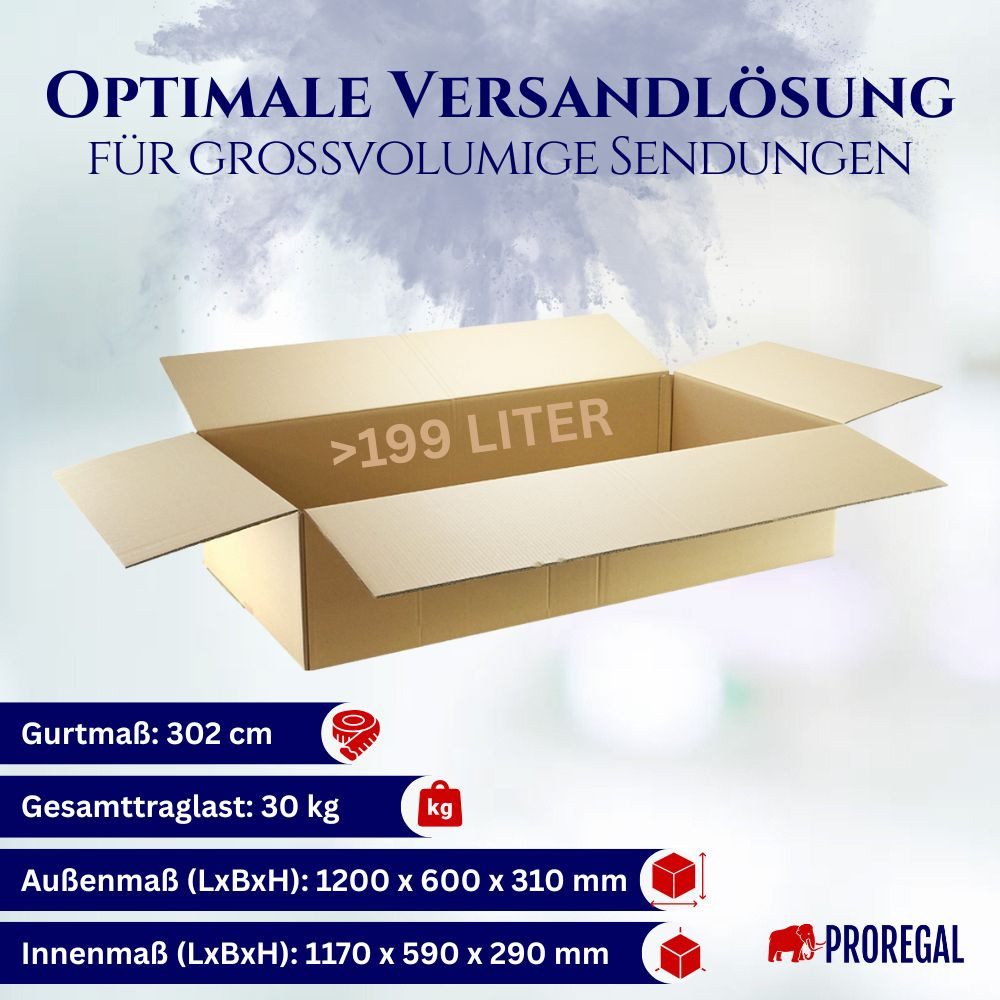 Thumbnail - PROREGAL® Versandkarton 2-wellig LxBxH 1200x600x310mm belastbar bis 30kg Postversand (3 Stück), Karton LxBxH 120x60x31cm...