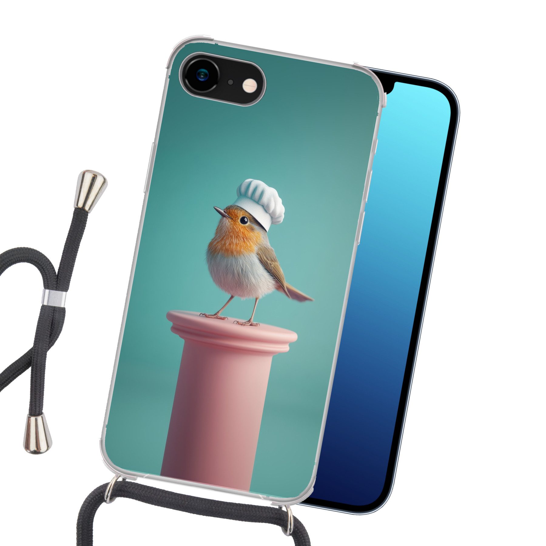 MuchoWow Handyhülle für Apple iPhone 7 Rotkehlchen - Vogel - Kochmütze - Sockel, Tragbare Handyhüllen mit Kette zum umhängen, Handykette Handyband