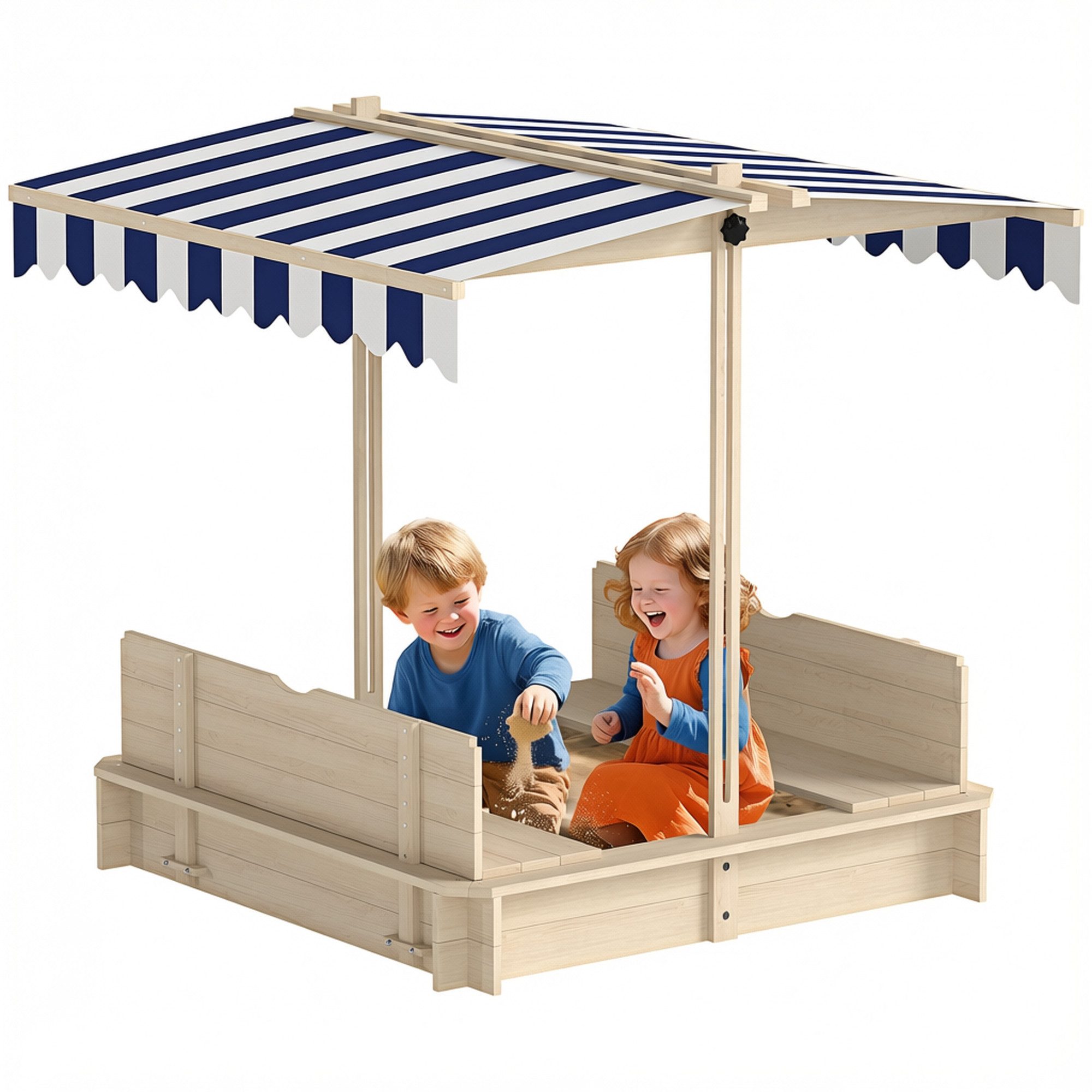 Outsunny Sandkasten Kinder Sandbox 106x106 cm mit höhenverstellbar Abdeckung aus Holz, (Sandkiste, 1-tlg., Sandkasten), für Garten, Balkon, Natur