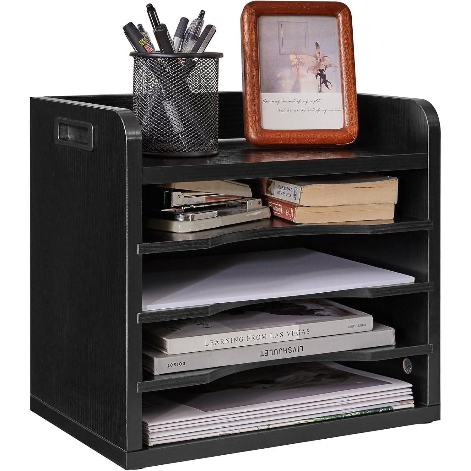 LuxusKollektion Aktenregal Schreibtisch Organizer Holz Dokumentenablage A4 5 Fächer Schwarz, 1-tlg.
