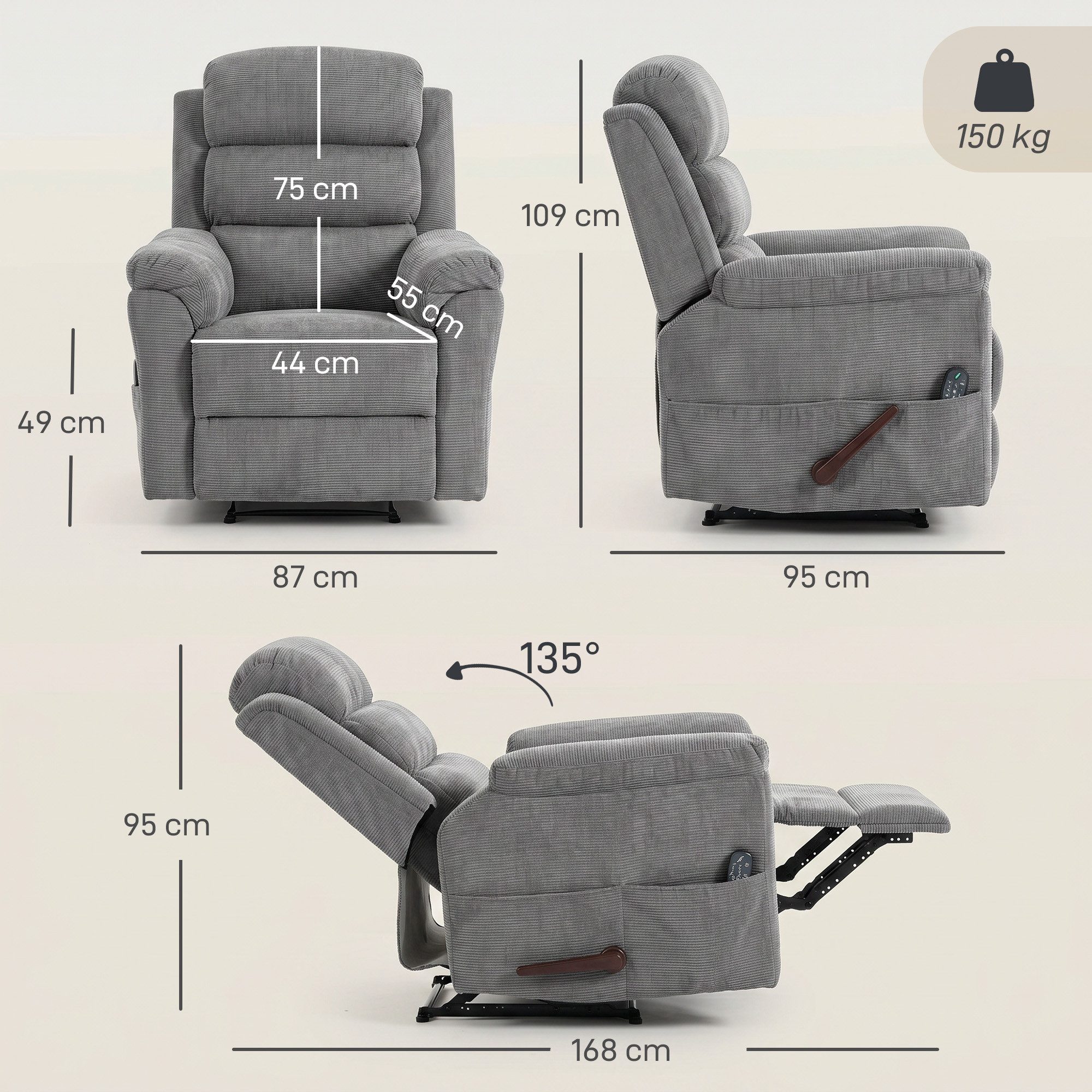 HOMCOM Massagesessel Relaxsessel Fernsehsessel mit Liegefunktion und Seitentasche (TV-Sessel, 1-St., Ruhesessel), mit Chenille-Optik, Grau – Bild 3 von 5