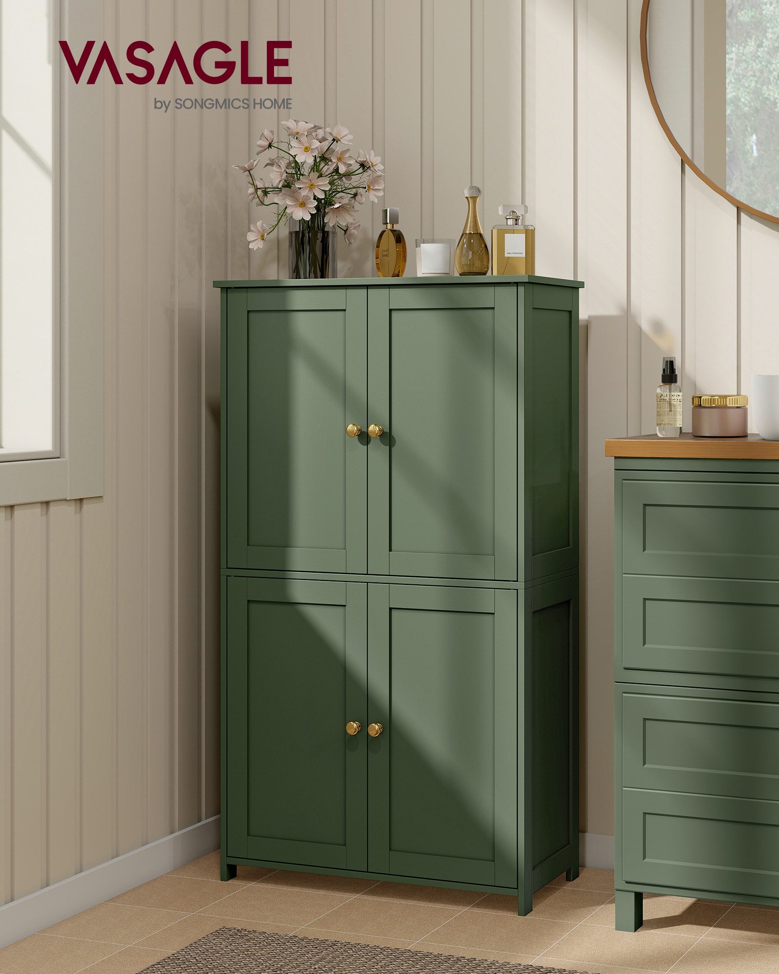 VASAGLE Badkommode, 4 Türen, Badezimmerschrank mit höhenverstellbaren Einlegeböden