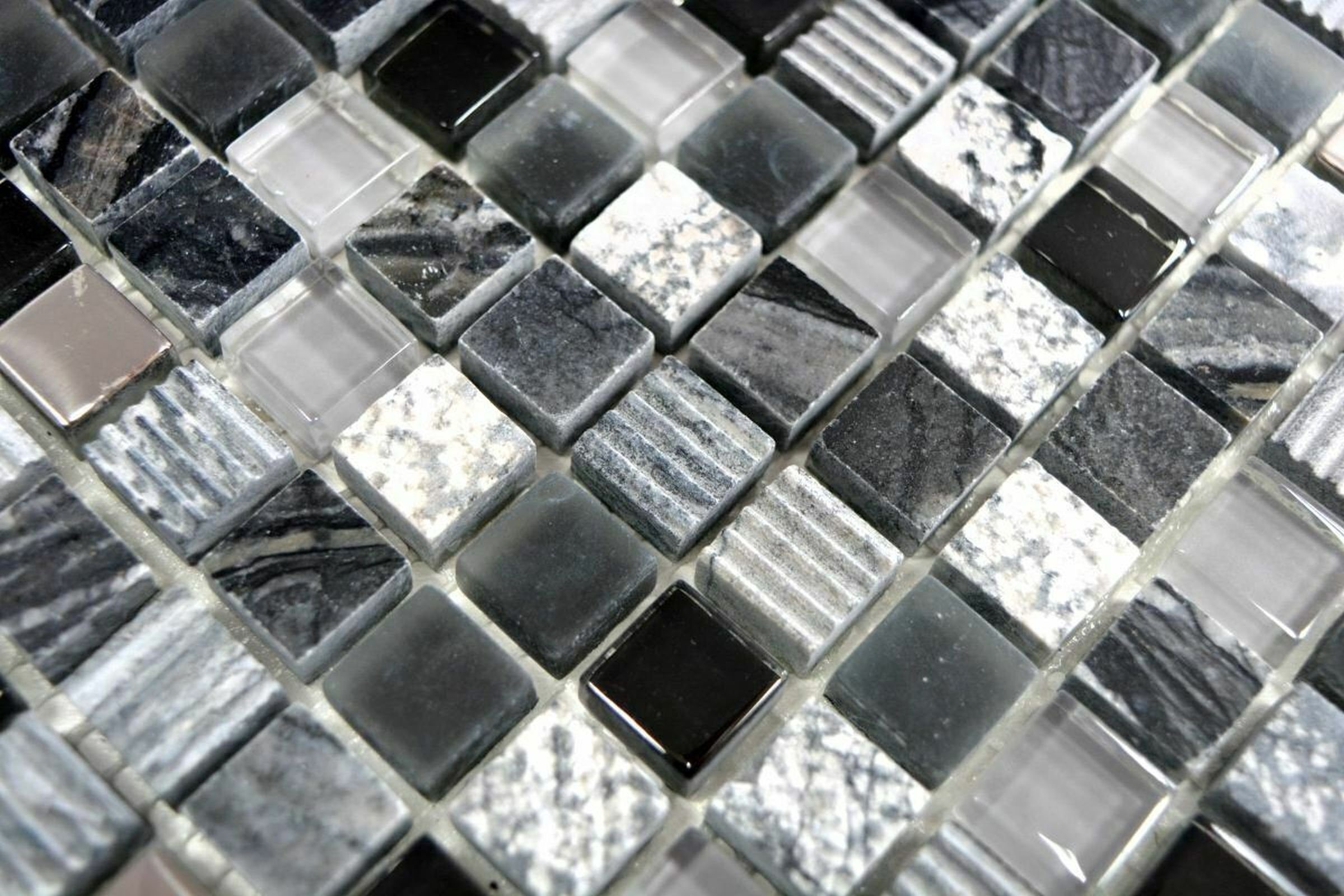 Naturstein Mosaikfliesen Mosani Fliese schwarz Glasmosaik Mosaikfliese grau