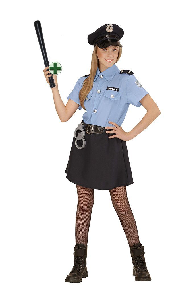 Karneval-Klamotten Polizei-Kostüm Polizistin Cop Uniform Mädchen mit Polizeistock, Kinderkostüm Komplett Polizei Mütze und Polizeistock Faschingskostüm