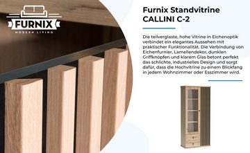 Furnix Standvitrine CALLINI C-2 mit 2 Schubladen 1 Glastür 1 Holztür Lamellen Design 8 Fächer, B86,4 x H191 x T40,6 cm