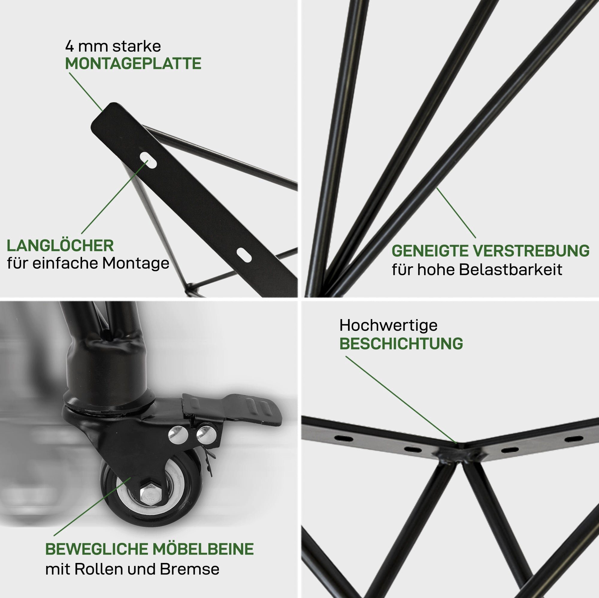 Natural Goods Berlin Tischbein X ADJUSTABLE mit Rollen, Haarnadeltischgestell mit Rollen, Schwerlastunterbau, Schwarz