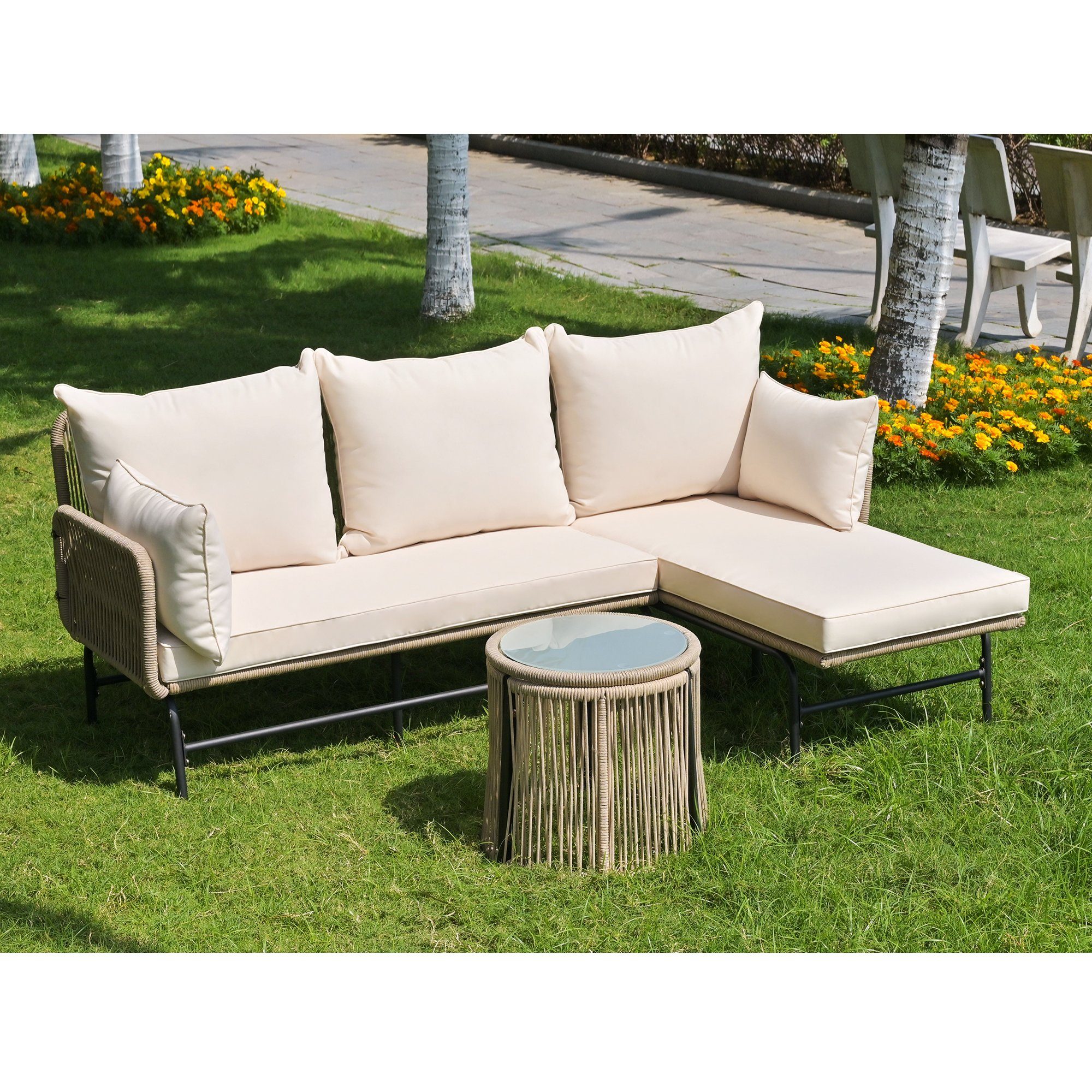 Gartenlounge-Set, (3-tlg., Gartenmöbel-Set aus Gewebtes Seil, Stahlrahmen), Sofa, Beistelltisch ∅43x48 cm, mit Auflagen
