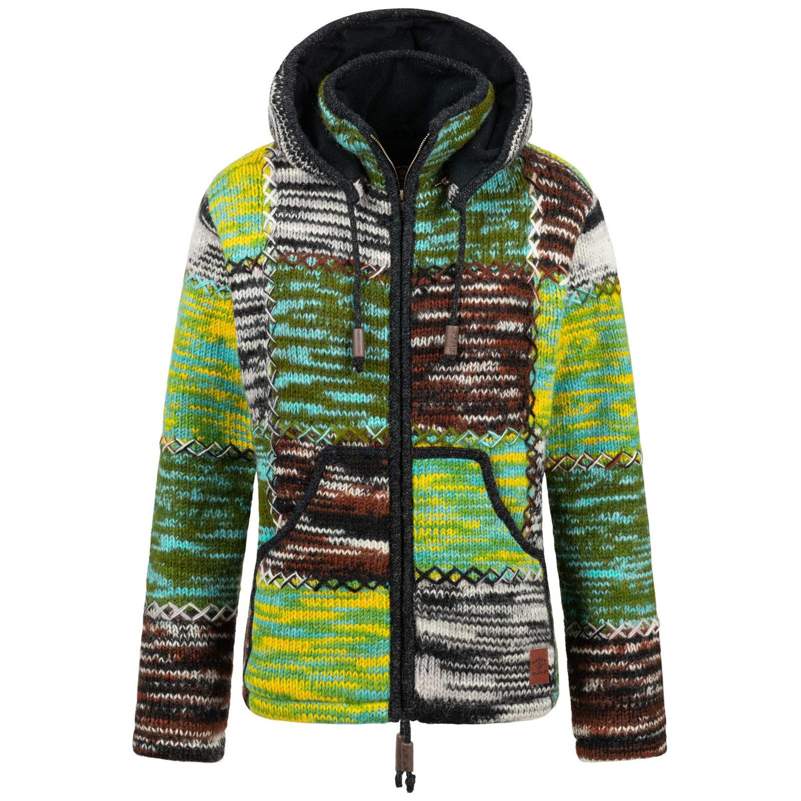 Strickjacke Damen Strickjacke Wolle Bunte Patchwork Jacke Zipfelkapuze Hochkragen