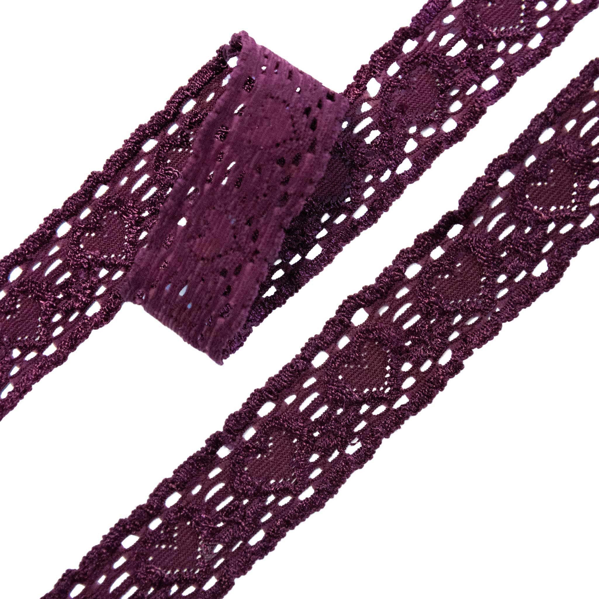 maDDma Spitzenband Spitze elastisch Herzmotiv ab 1m x 25mm Spitzenband Meterware Nylon, aubergine