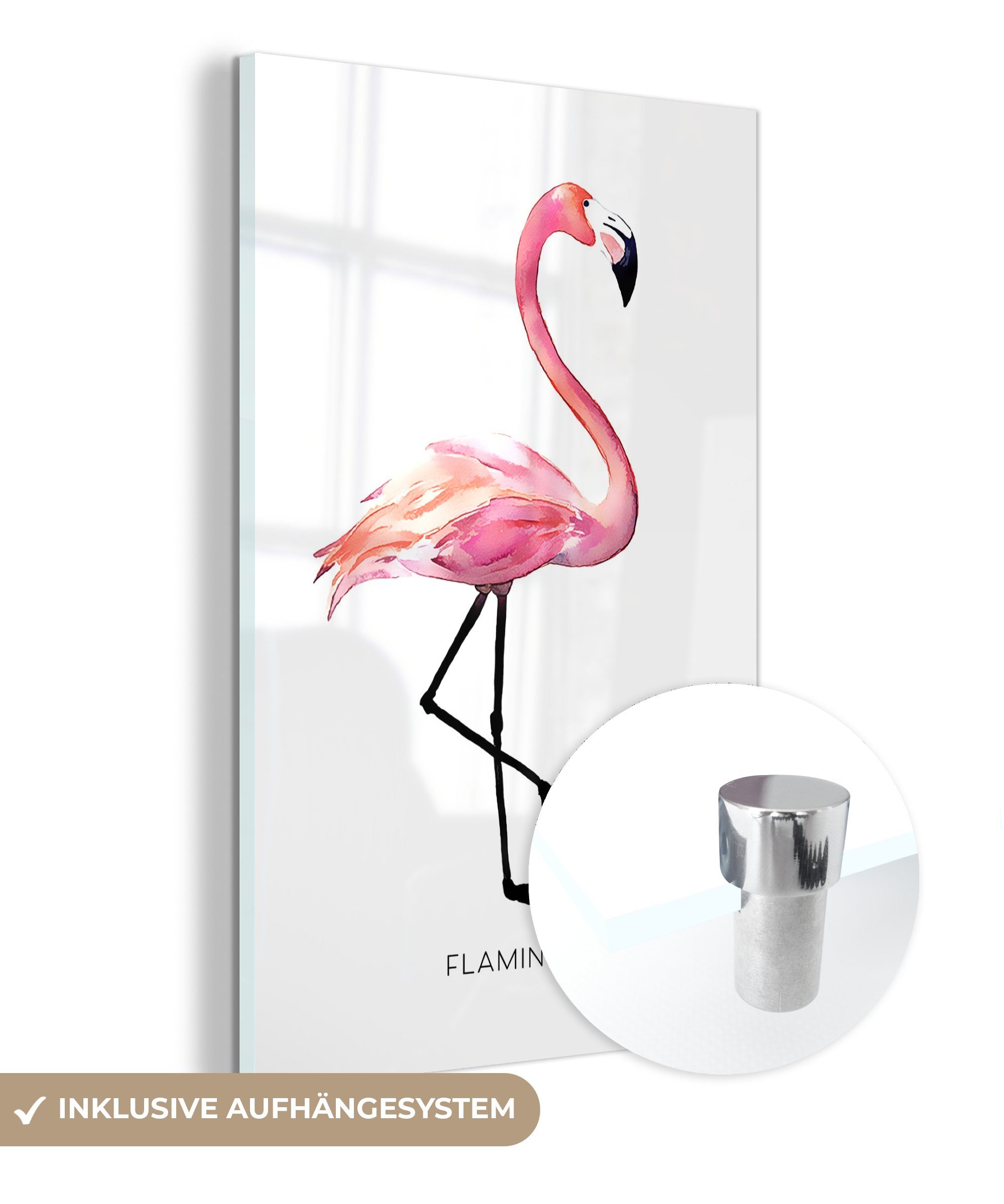 Flamingo Foto Glas Wanddekoration bunt Glasbilder - MuchoWow Glas auf - auf - Zeichnung Bilder Rosa, St), Acrylglasbild - - Wandbild (1