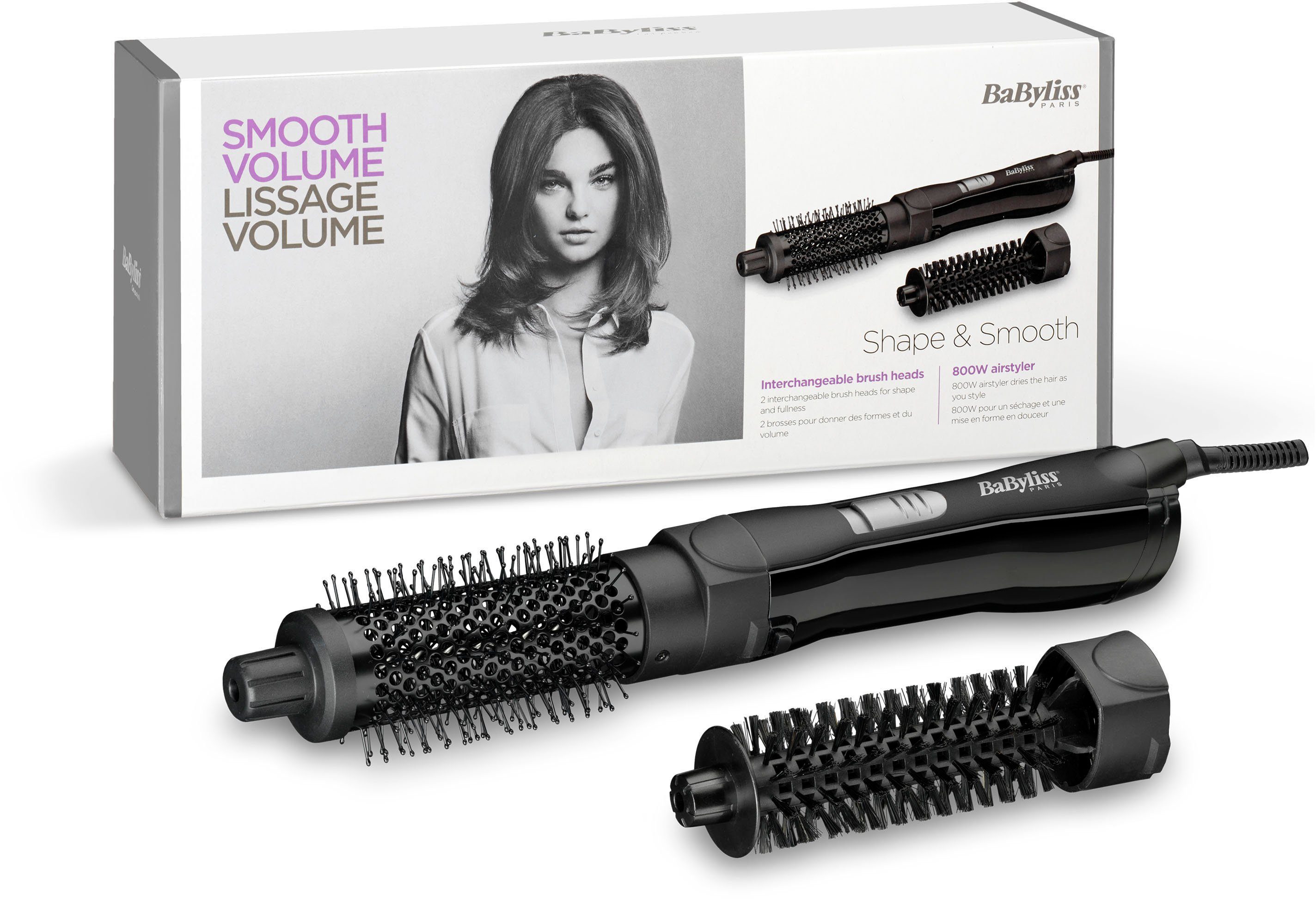 BaByliss Warmluftbürste AS82E Shape & Smooth, mit 2 Aufsätzen | Warmluftbürsten