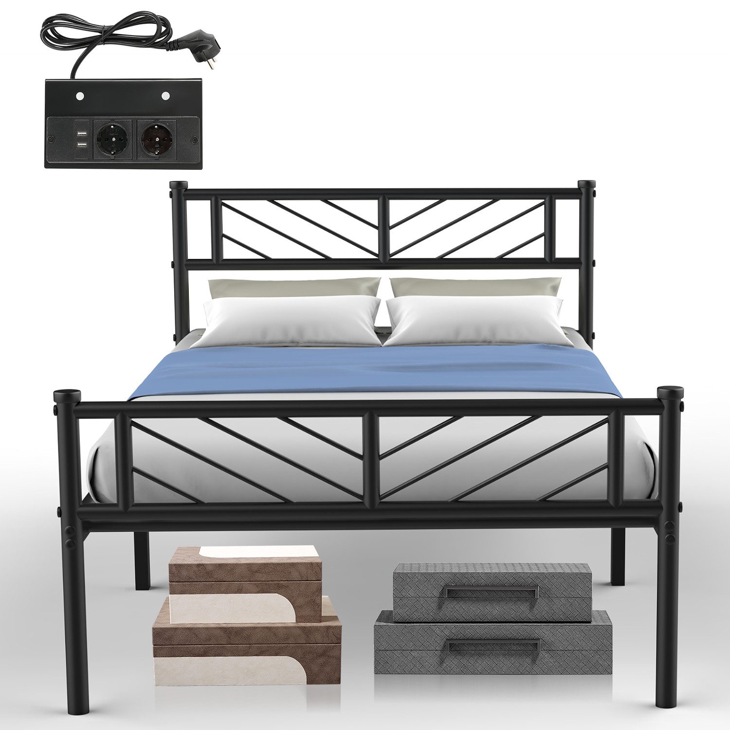 WILGOON Polsterbett Doppelbett 140x200 cm, Stauraumbett, LED Polsterbett mit Kopfteil (Funktionbett mit 4 Schubladen), LED Polsterbett mit Lattenrost und Ladefunktion, Leinen