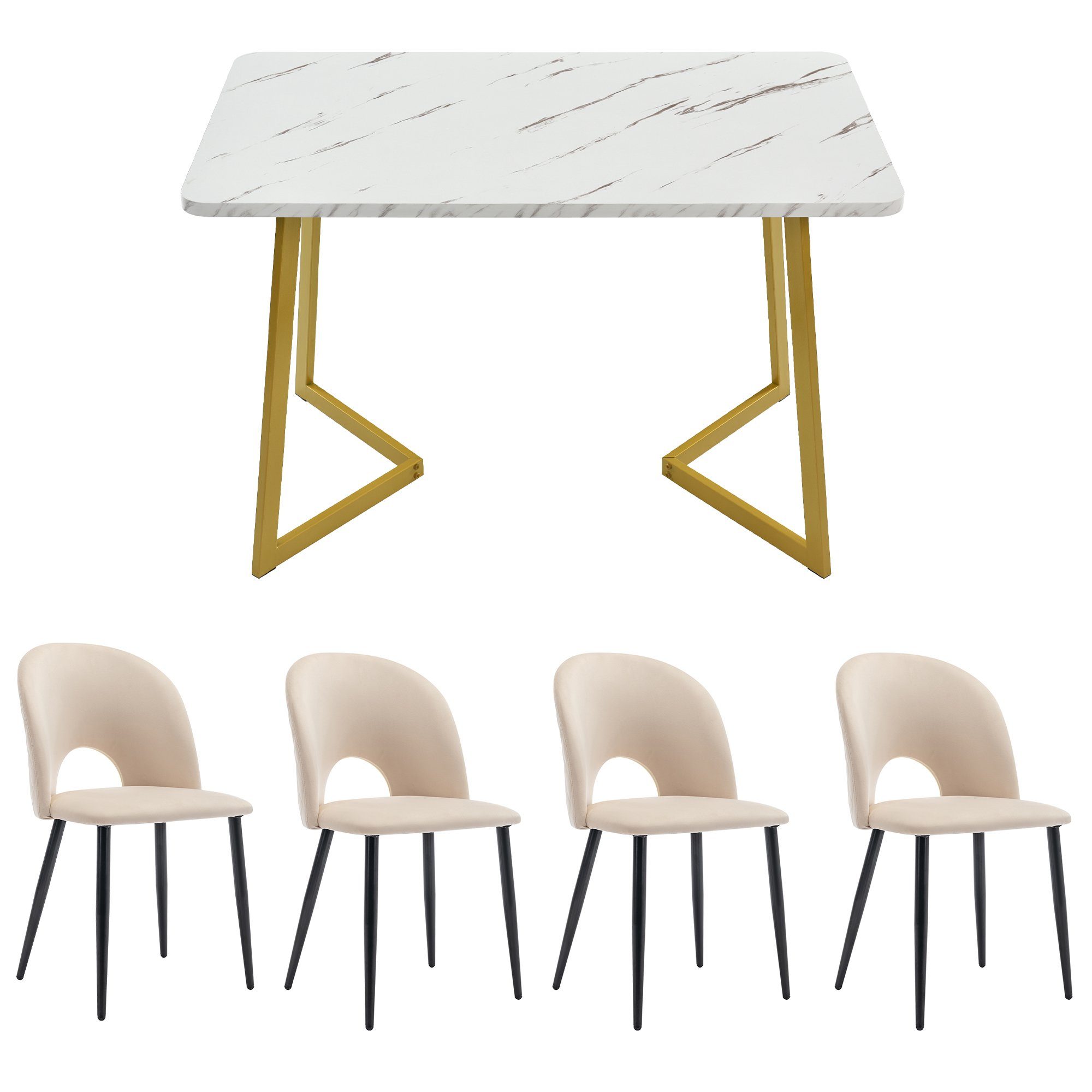 Essgruppe, (117x68 cm Küchentisch mit 4x Polsterstühlen), mit Diamantmuster, Verstellbare Stuhlbeine, Samt Esszimmerstuhl