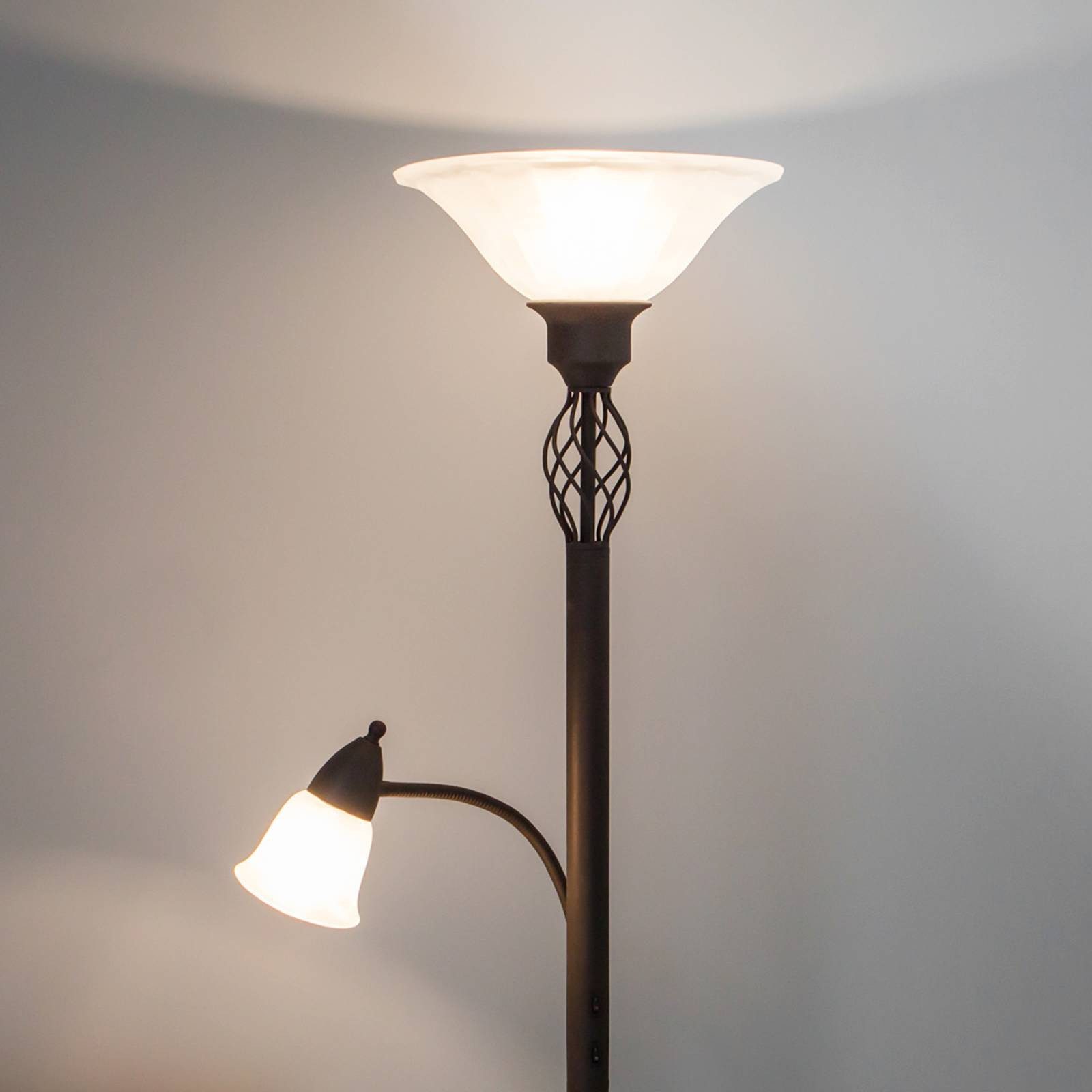 Lucande Stehlampe Dunja, Metall, Braun IP20, 1 x 15 W LED E27 + 1 x 10 W LED E14