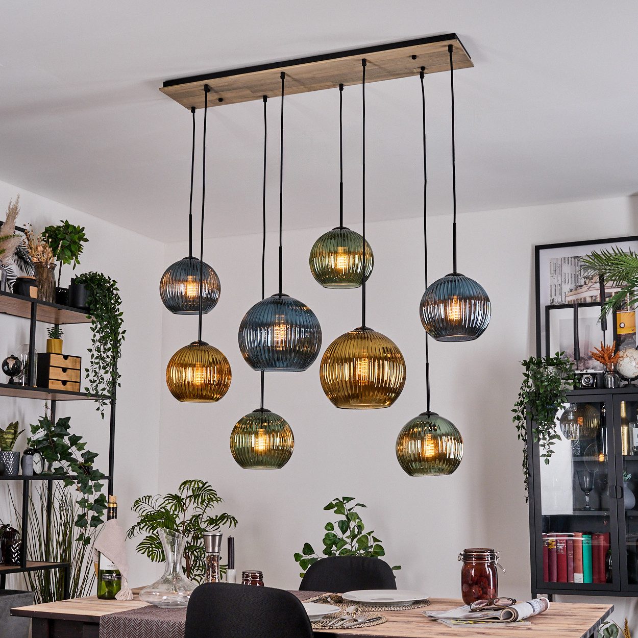 hofstein Hängeleuchte Hängelampe aus Metall/Holz/Riffelglas in Schwarz/Natur/Grün/Blau/Gold, ohne Leuchtmittel, Hängeleuchte im modernen Retro/Vintage-Design (20; 25 cm), 8 x E27