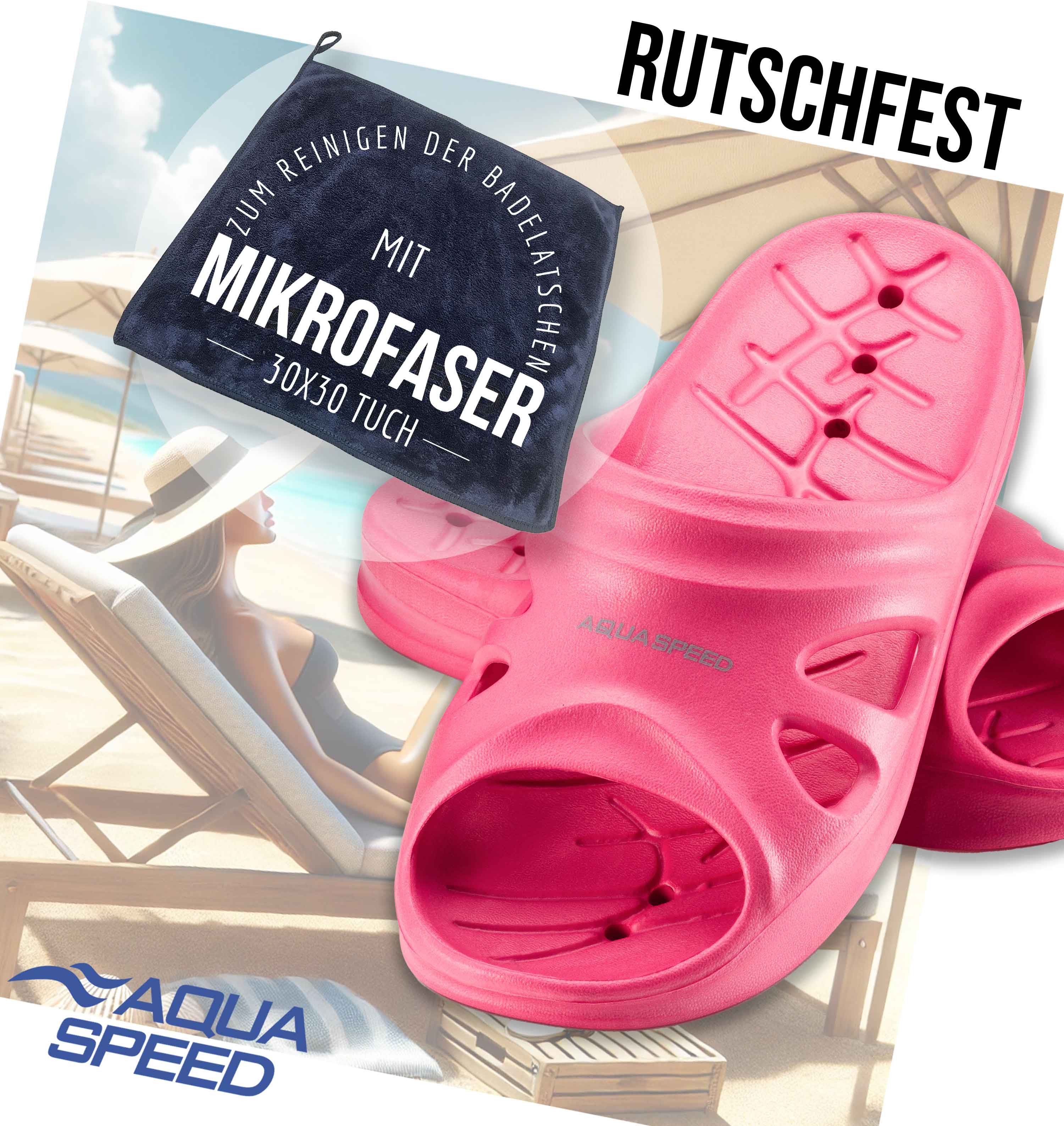 Aqua Speed Badelatschen FLORIDA + Mikrofaserhandtuch Damen Herren Kinder Badepantolette