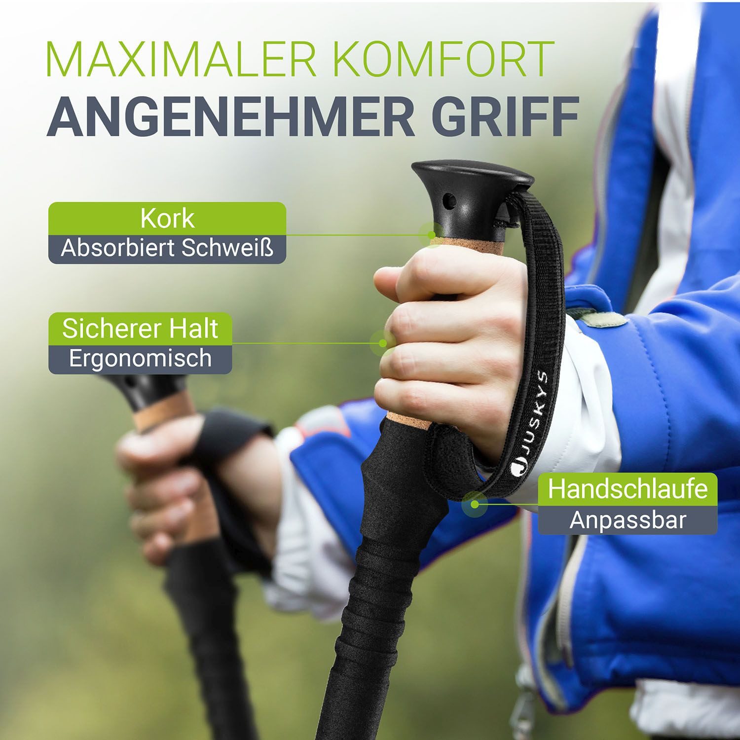 Juskys Wanderstöcke (2 St), Alu Teleskop, leicht & ausziehbar, für Damen & Herren, mit Zubehör