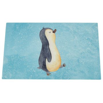 Mr. & Mrs. Panda Servierbrett Pinguin marschieren - Eisblau - Geschenk, Frühaufsteher, Pinguine, Sc, Premium Glas, (1-St), Handgefertigte Gravuren