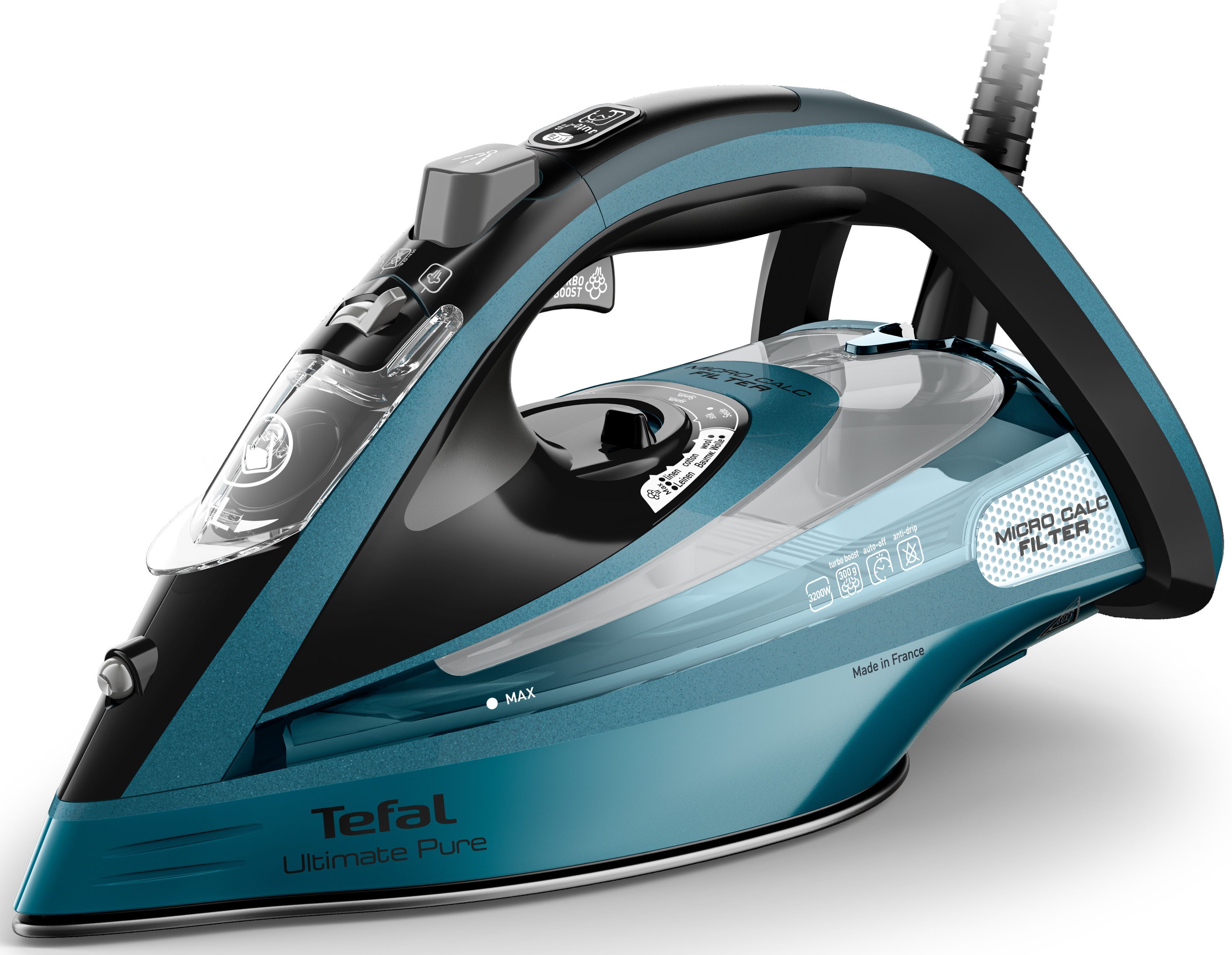 Tefal Dampfbügeleisen Ultimate Pure, Autoclean-Bügelsohlen-Technologie, kurze Aufheizzeit, 3200 W, Tropfstopp, Auto-Abschaltung, vertikales Dampfglätten, FV9851