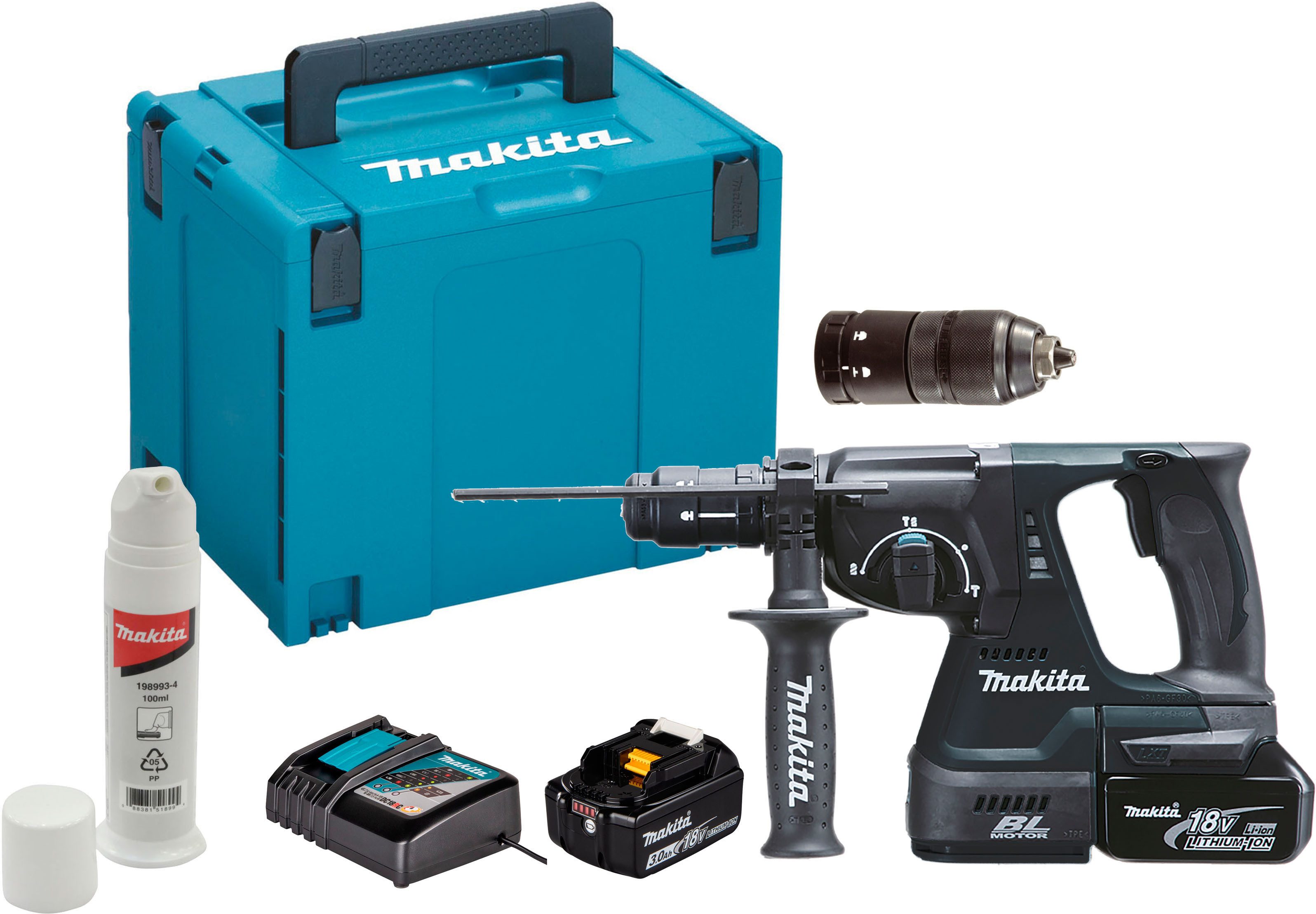 Makita Akku-Kombibohrhammer DHR243RTJB, max. 950 U/min, SDS-PLUS, mit 2 Akkus 18V/5Ah, Ladegerät, Koffer und Zubehör