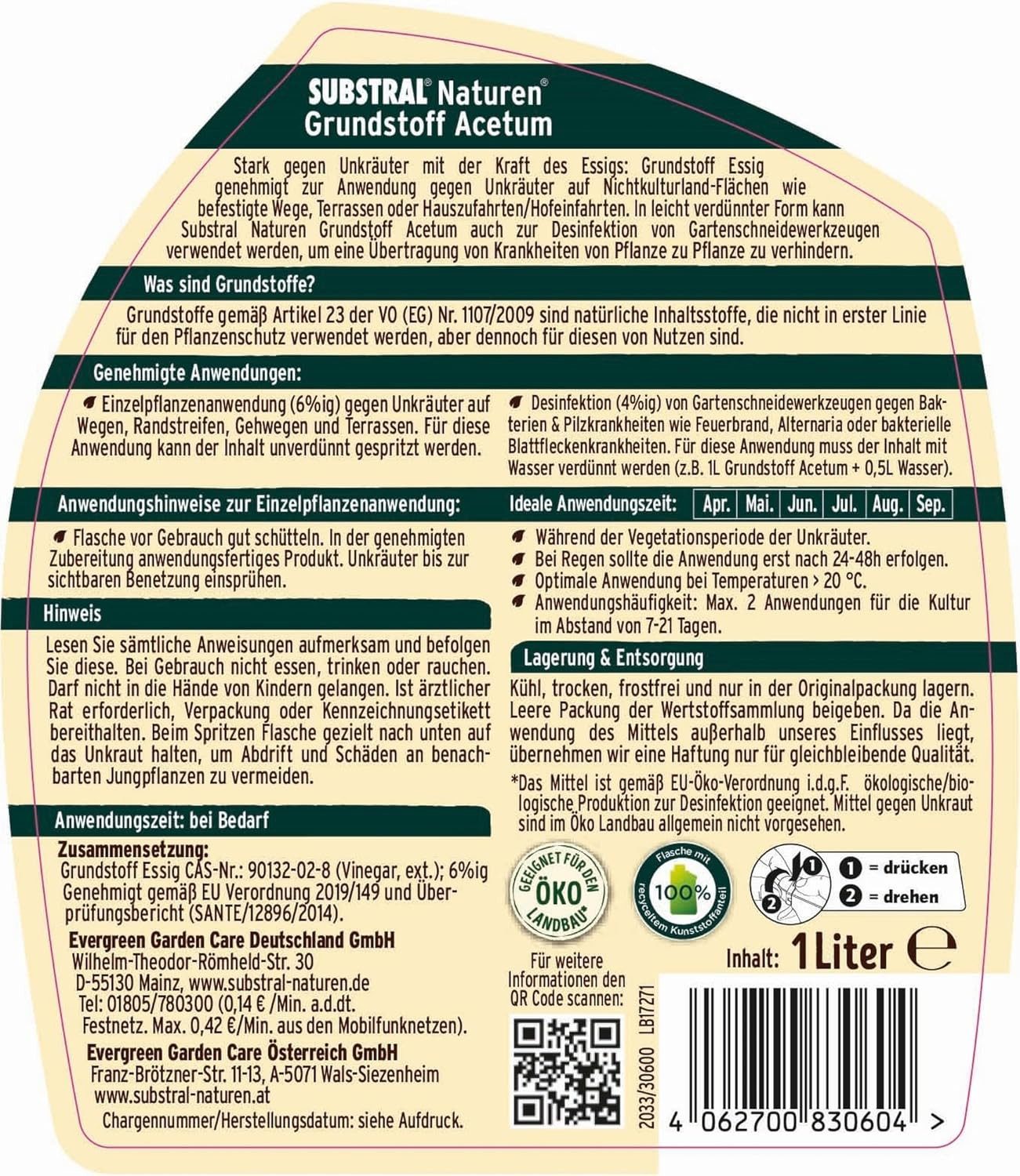 Substral Naturen Unkrautbekämpfungsmittel Substral Naturen Grundstoff Acetum, 1L Spray