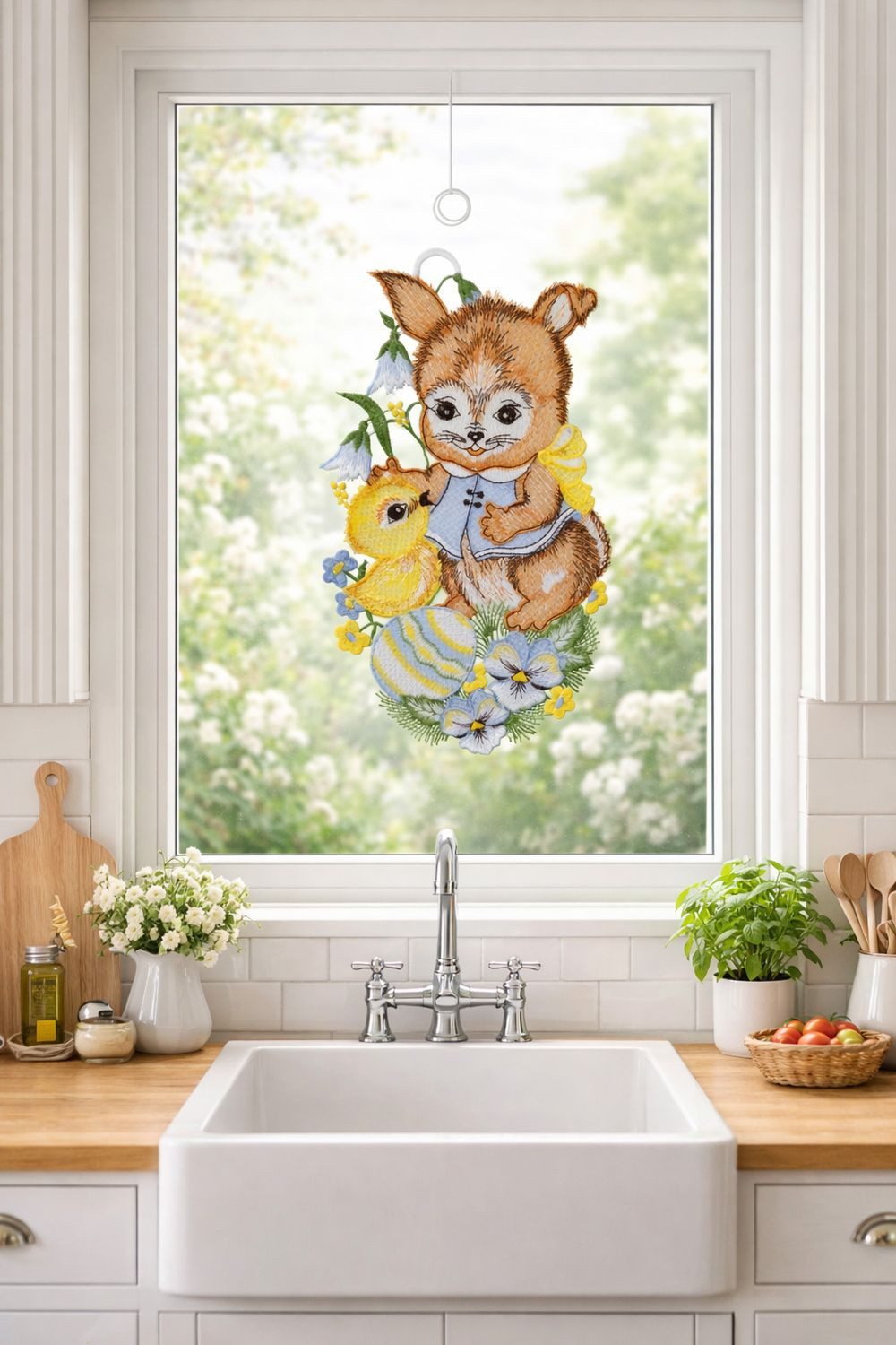 texpot Fensterbild Plauener Stickerei Küken und Osterhase mit Saughaken, Saughaken