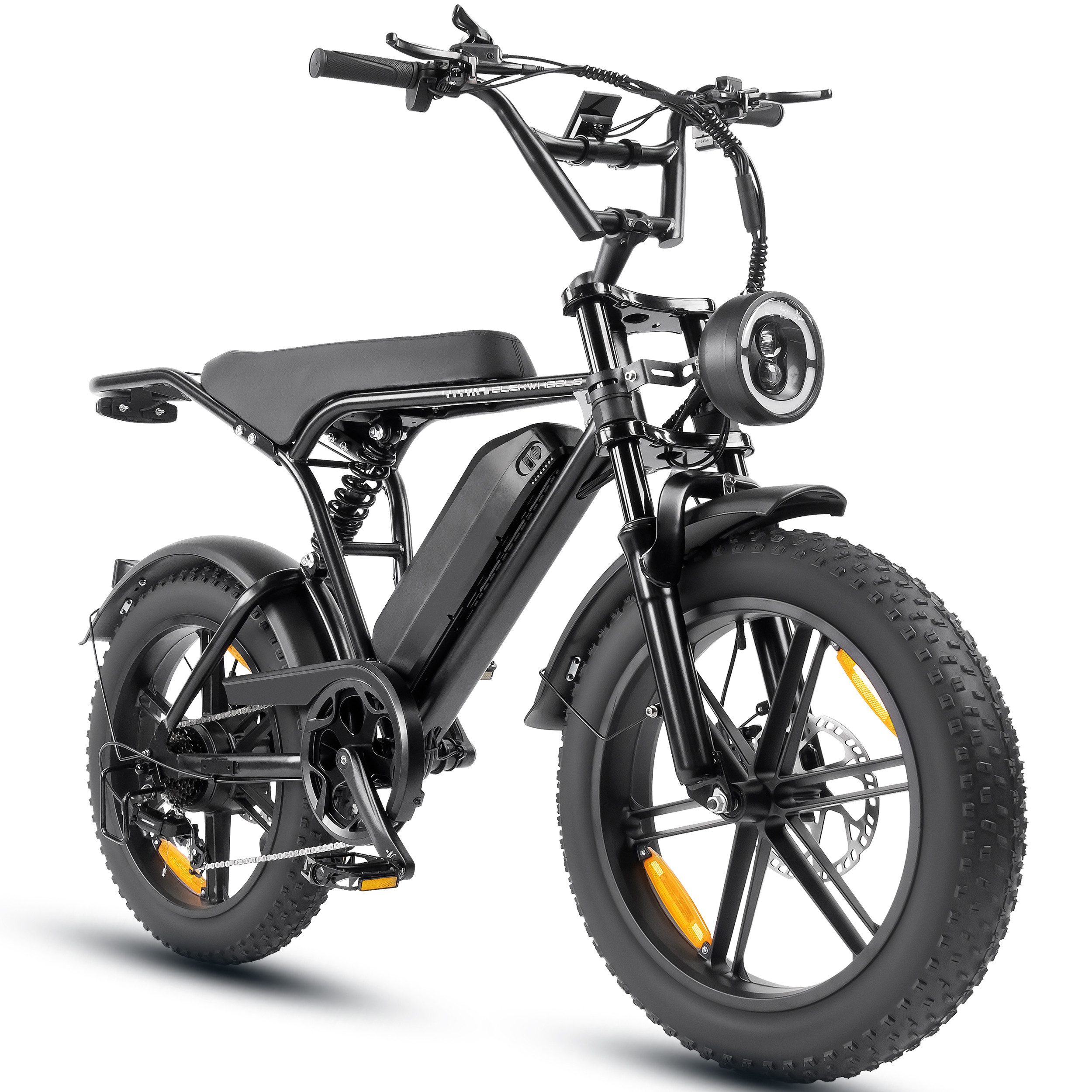 ELEKWHEELS E-Bike Mountainbike 20" Fatbike, 48V 15Ah Akku bis 108km, 250W Motor 80Nm, 7 Gang Shimano, Kettenschaltung, Heckmotor, 720 Wh, Vollfederung