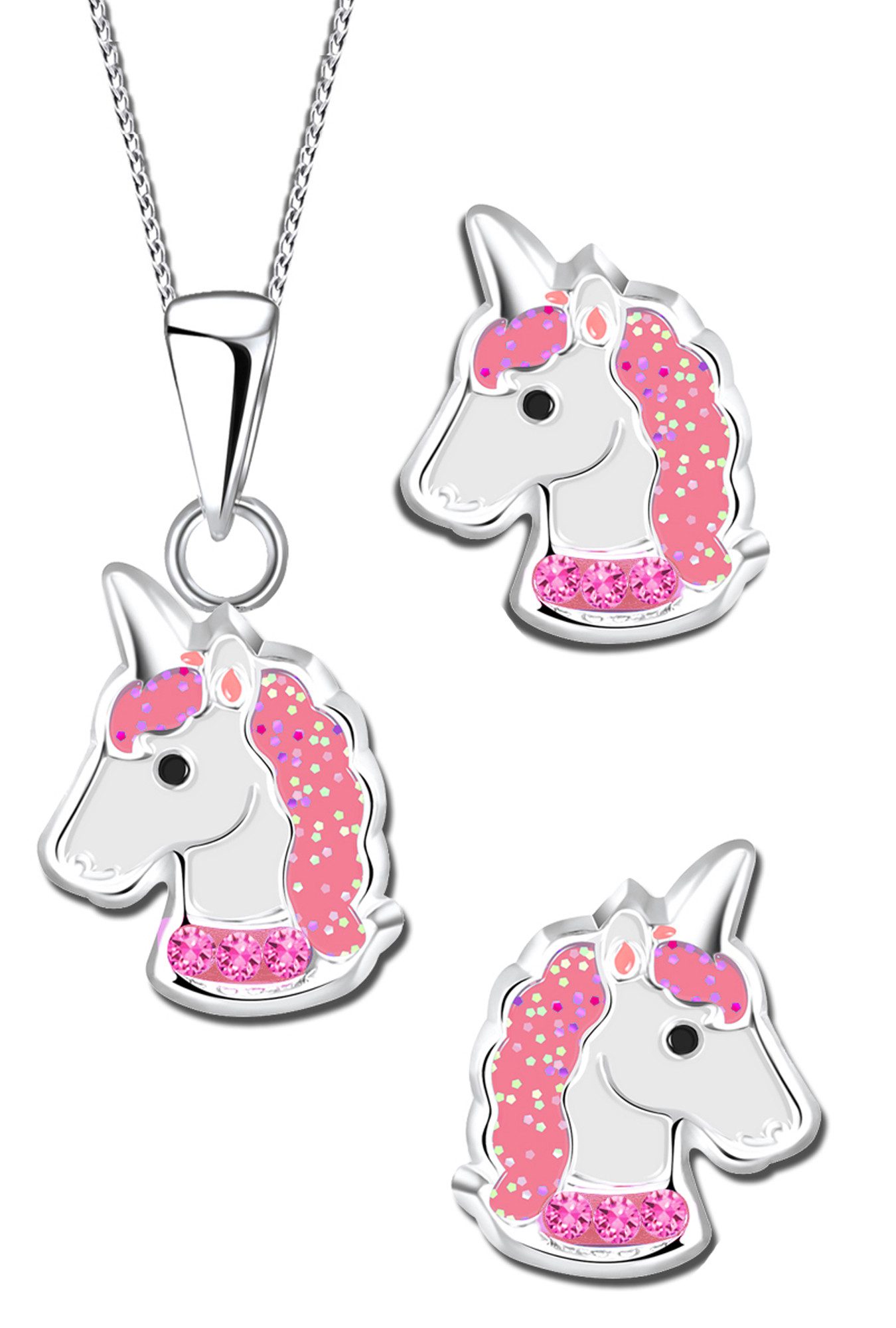 Limana Schmuckset 925 Silber Einhorn Pferde Halskette Kette mit Ohrringe Ohrstecker (inkl. Geschenkdose mit Gravur), Geschenkidee Geschenk für Kinder Mädchen Echtschmuck Glitzer