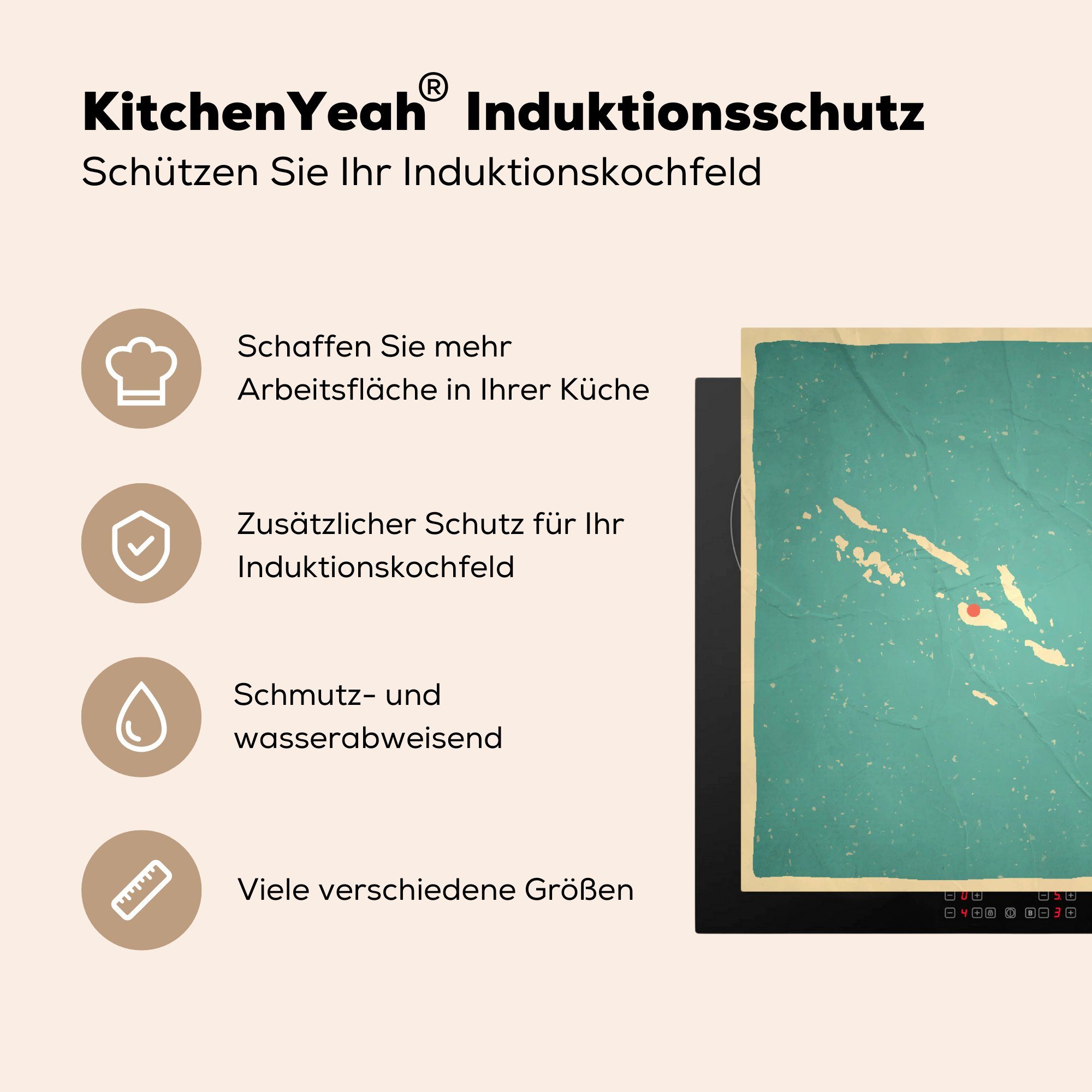 MuchoWow Herdblende-/Abdeckplatte Eine cm, Salomonen Arbeitsplatte einer 78x78 im Karte Illustration für (1 Ceranfeldabdeckung, küche Retro-Stil, tlg), Vinyl, der