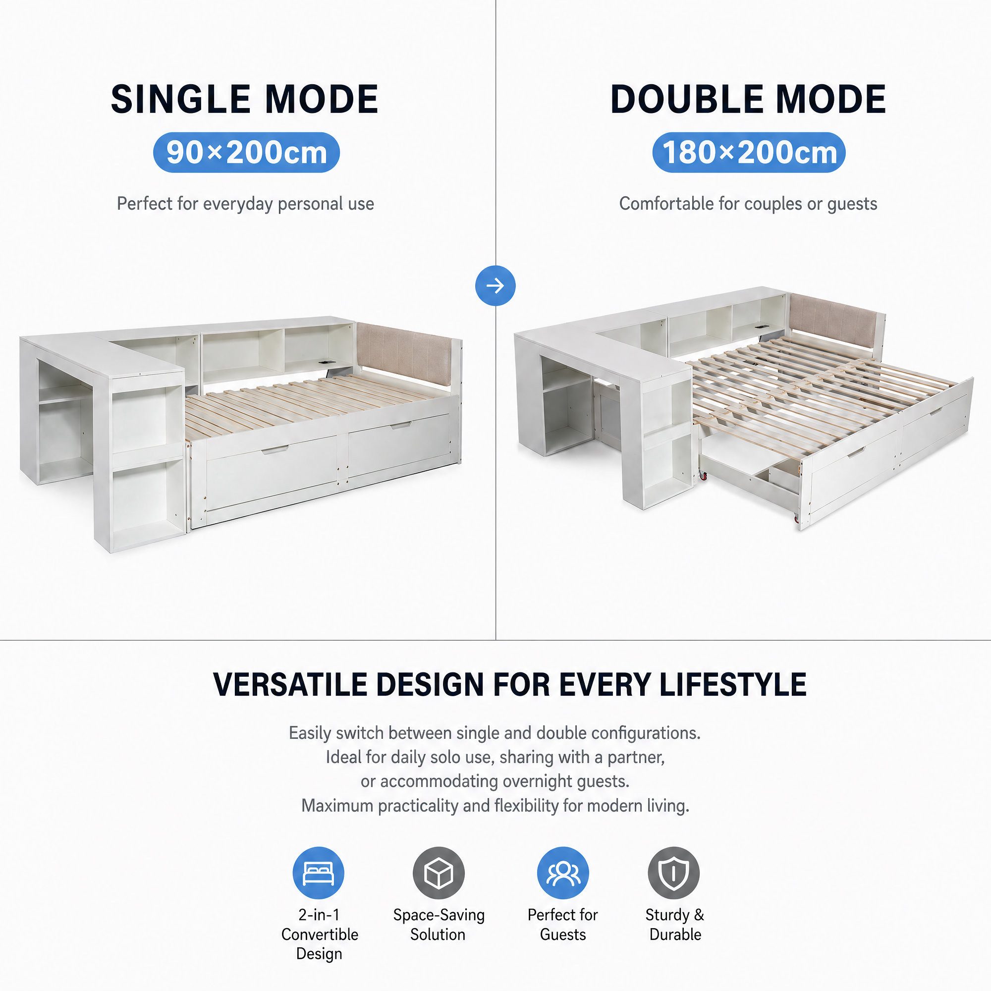 Odikalo Ausziehbett Ausziehbares Schlafsofa mit Desk EU Power Socket (90x200cm All-in-One-Bett mit 2 Unterbett-Schubladen und Lattenrost)