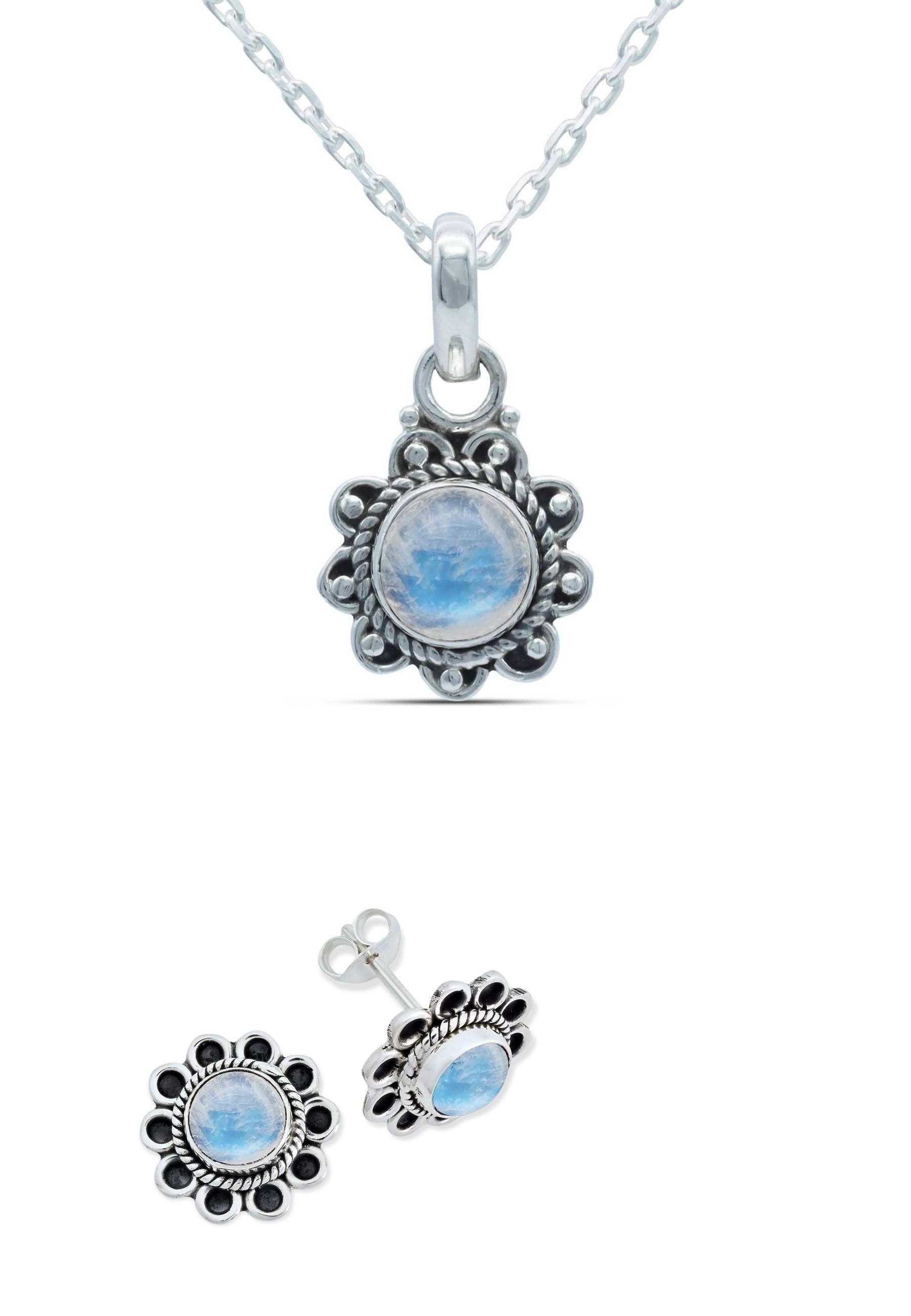 mantraroma Schmuckset 925er Silber mit Regenbogen Mondstein (Schmuckset aus 925 Silber)