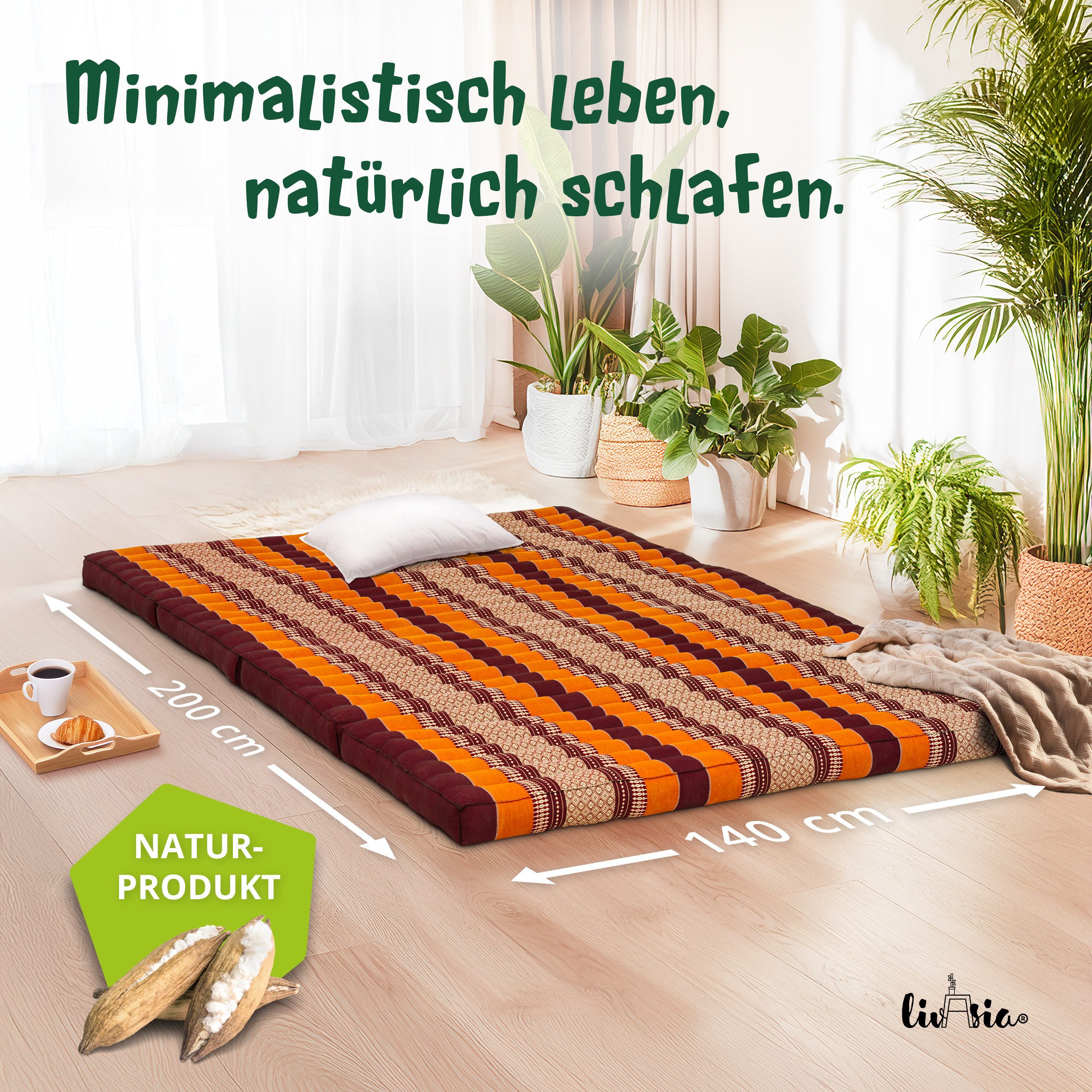 Klappmatratze Faltmatratze 140 cm (Classic) - 200x140x8cm -, livasia, 8 cm hoch, Kapok, vegan, handgefertigt
