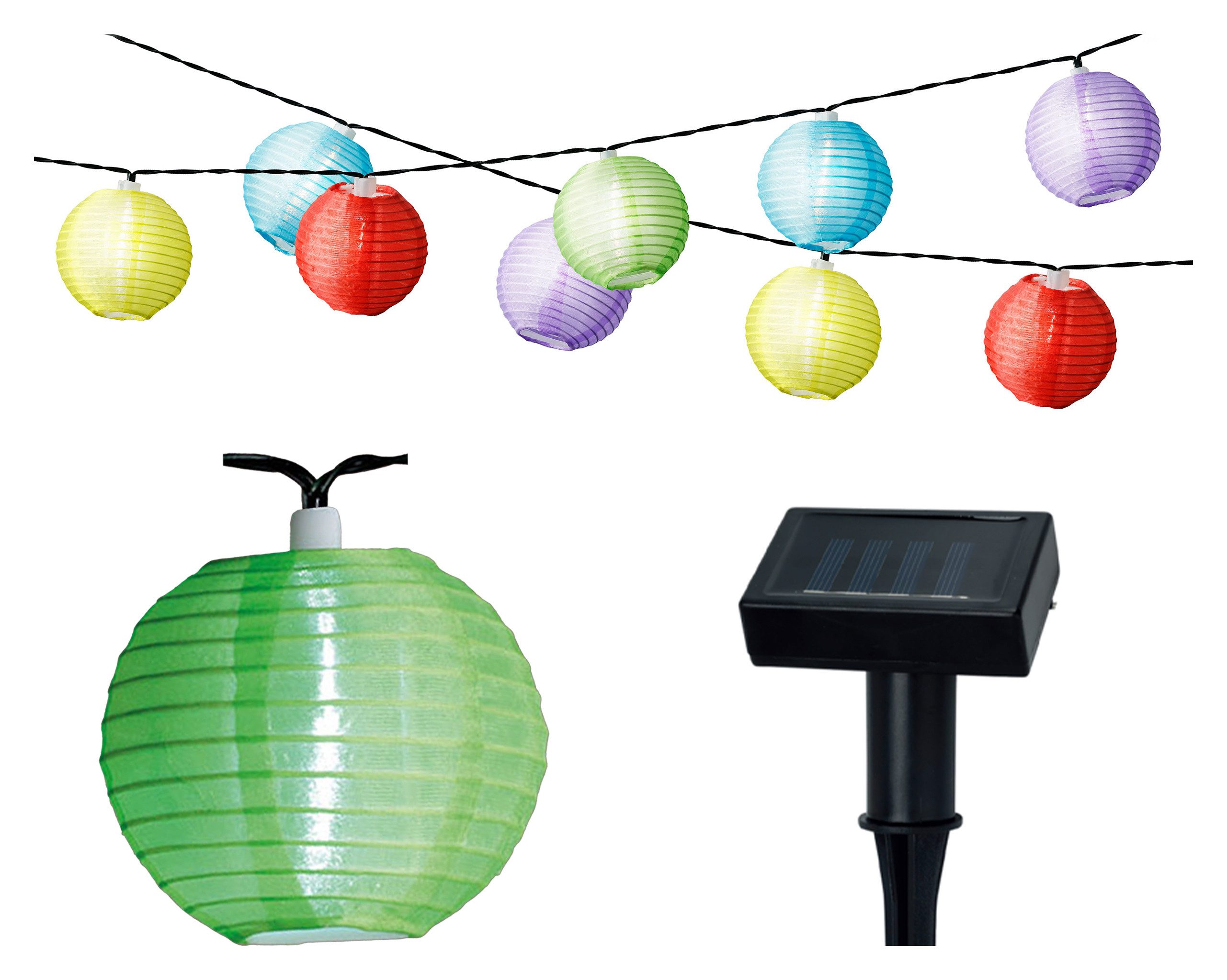 Lumineo LED Solarleuchte, Dauerlicht, warmweiß, LED Solar Lichterkette Lampions 4,5m Nylon Bunt / Kaltweiß