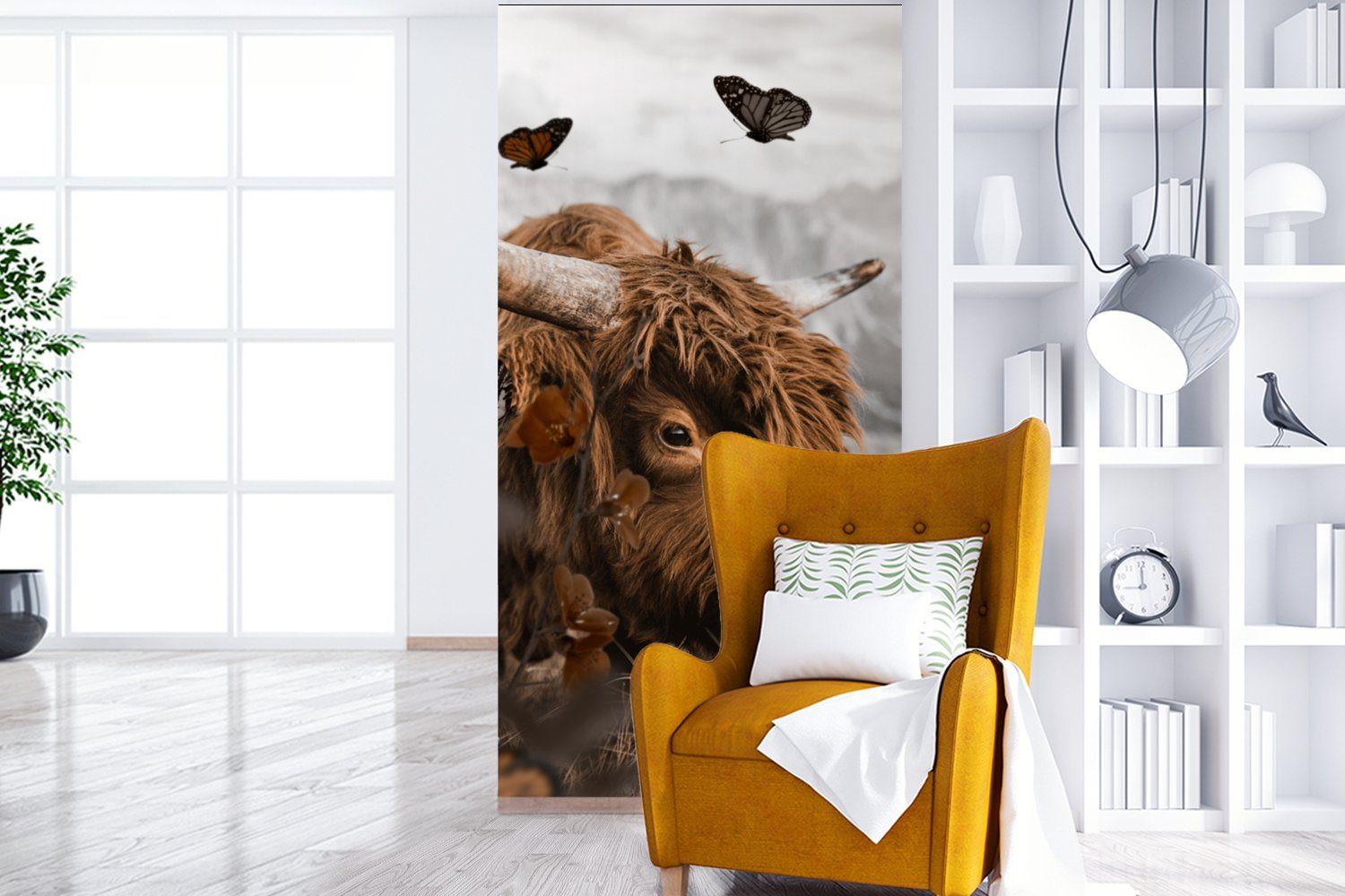 St), bedruckt, (2 Pflanzen, Highlander Schlafzimmer - Wohnzimmer Scottish Fototapete Schmetterlinge Fototapete für Matt, Küche, MuchoWow Vliestapete -