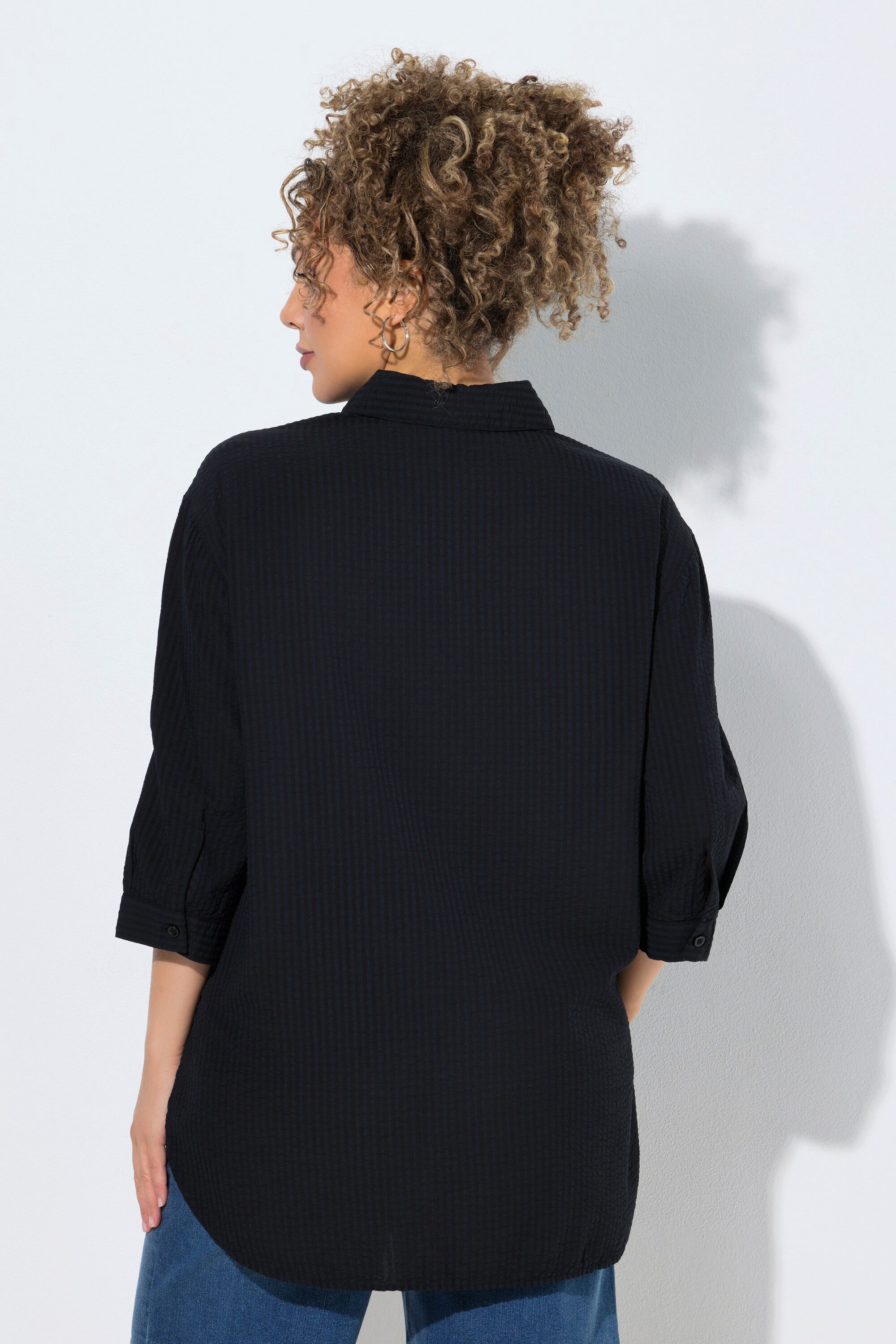 Ulla Popken Hemdbluse Hemdbluse Seersucker Stickerei Hemdkragen 3/4-Arm