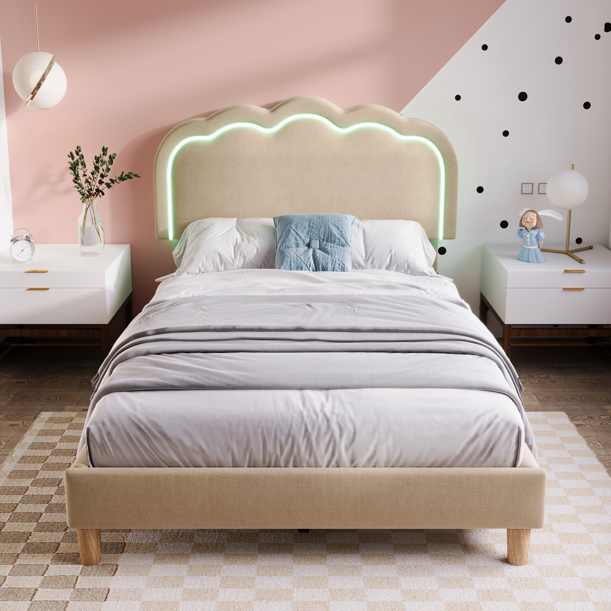 Polsterbett (Einzelbett, LED Jugendbett), mit Lattenrost & Verstellbares Kopfteil in Puff-Form, 90x200cm, Leinen
