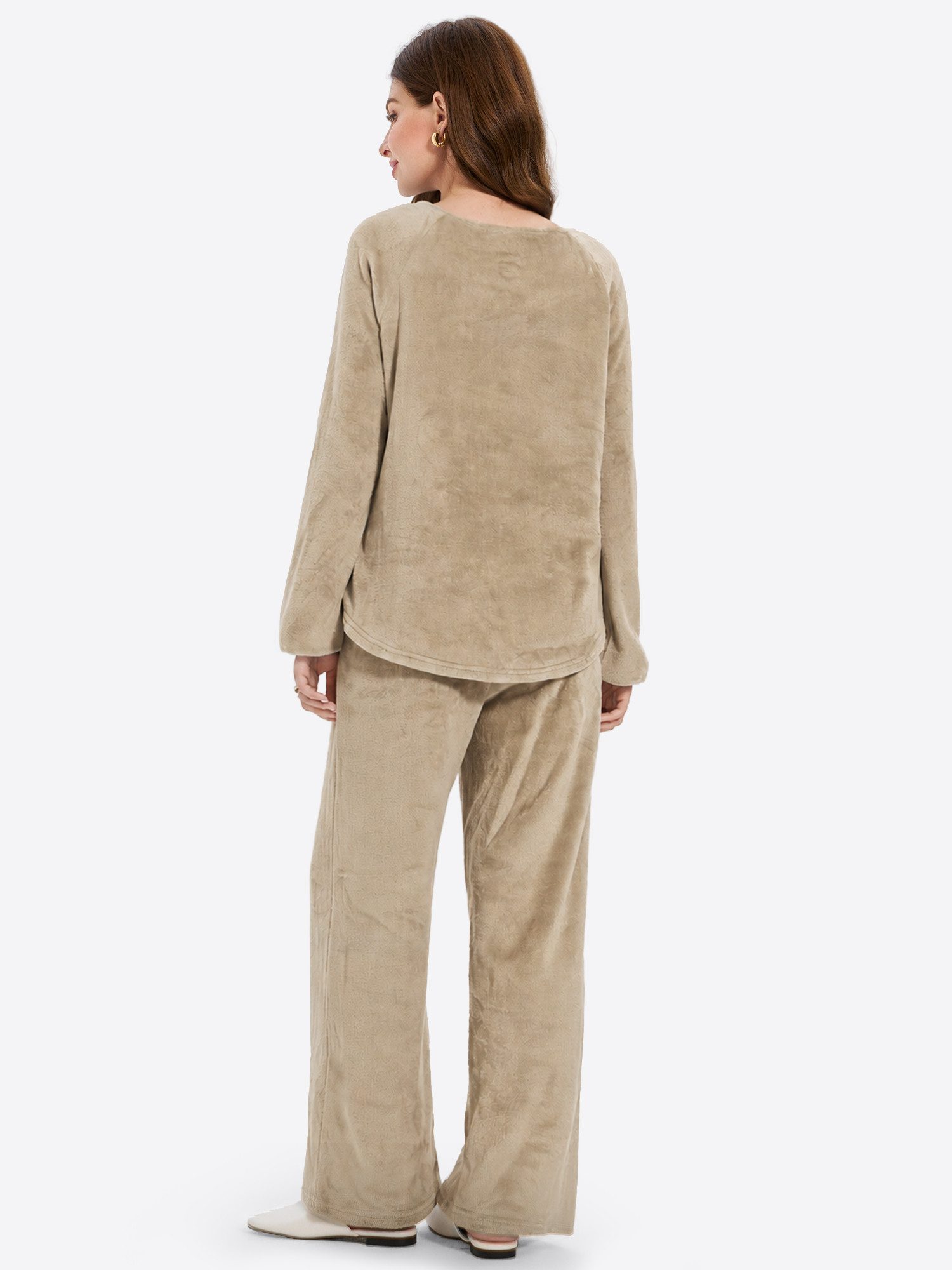 Imily Bela Hausanzug Damen Lounge-Set mit V-Ausschnitt (Set, 2 tlg., V-Ausschnitt Oberteil + Weiter Hose) in Unifarbe – Bild 3 von 5