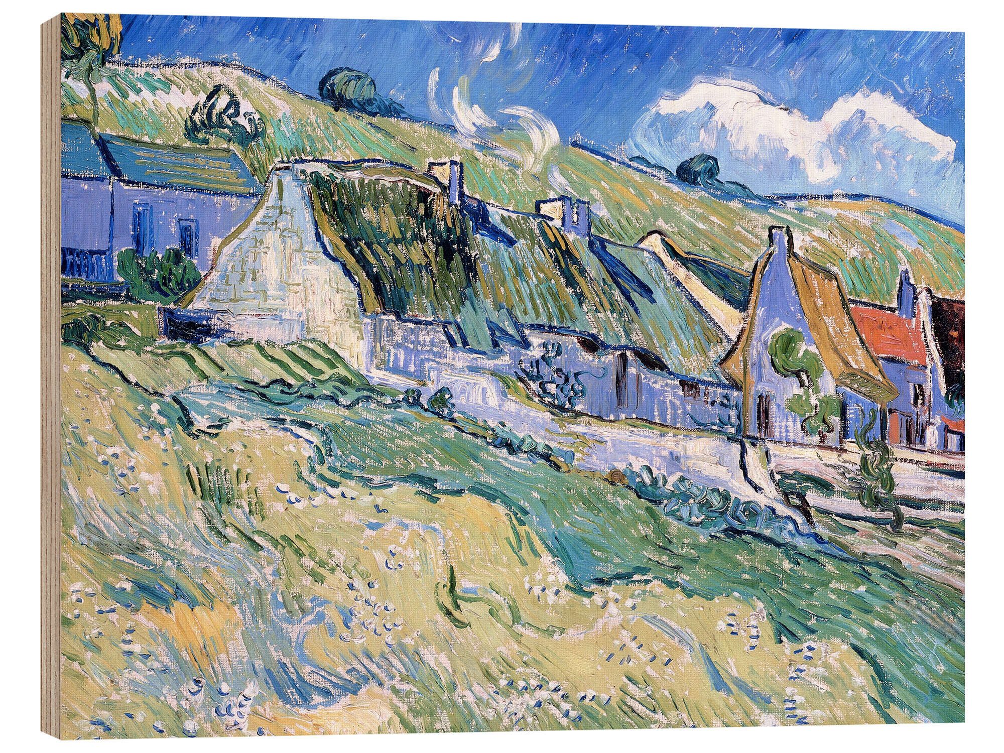 Posterlounge Holzbild Vincent van Gogh, Strohgedeckte Häuser in Auvers-sur-Oise, Wohnzimmer Landhausstil Malerei