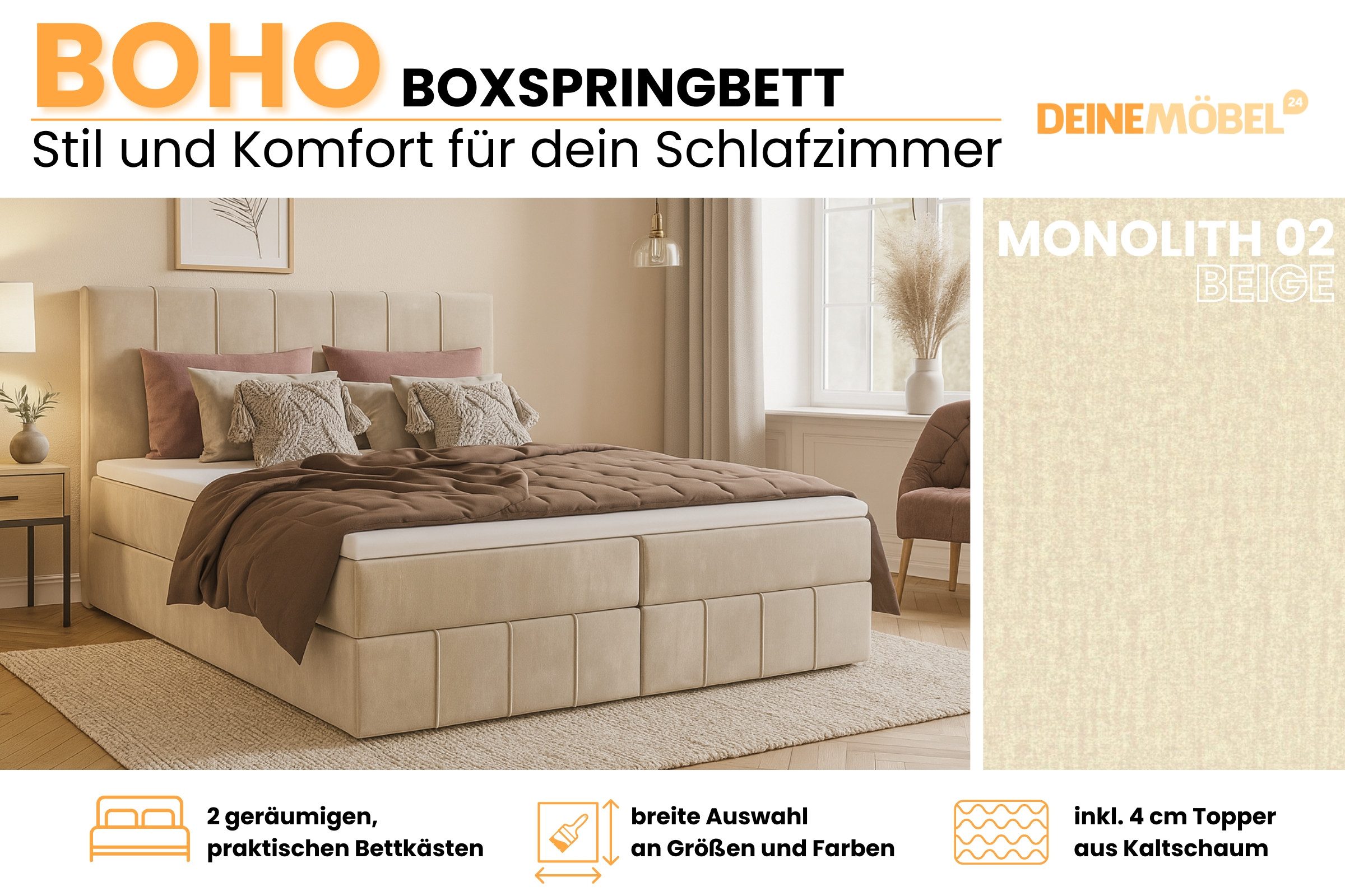 Deine Möbel 24 Boxspringbett BOHO in Velours Boxbett Schlafzimmerbett Ehebett (Boxspringbett, 1-St., Boxspringbett mit Kopfteil und Bettkästen), wasserabweisender Veloursstoff MONOLITH