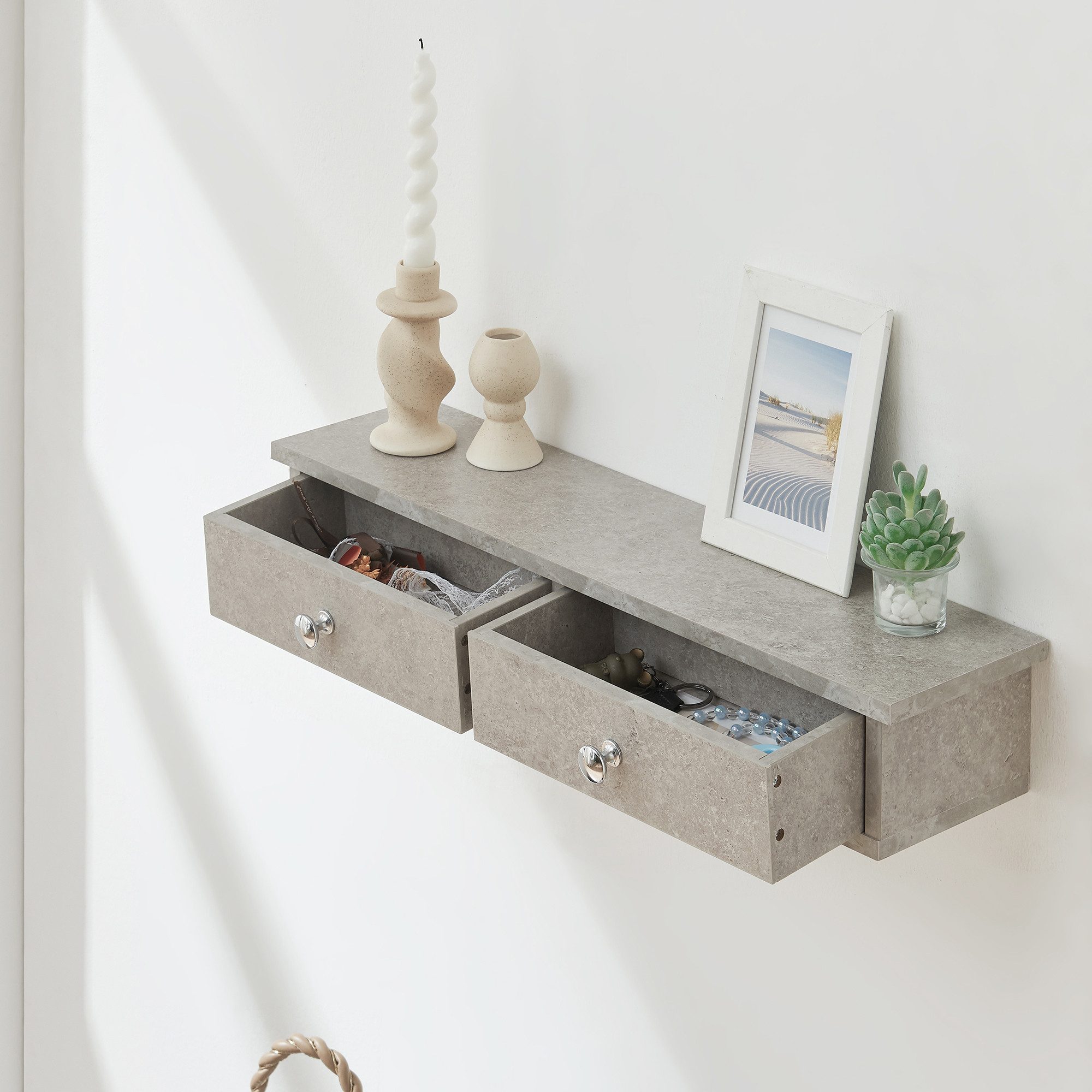en.casa Wandregal, »Geeste« mit 2 Schubladen 60 x 15 x 10 cm Betonoptik, hell