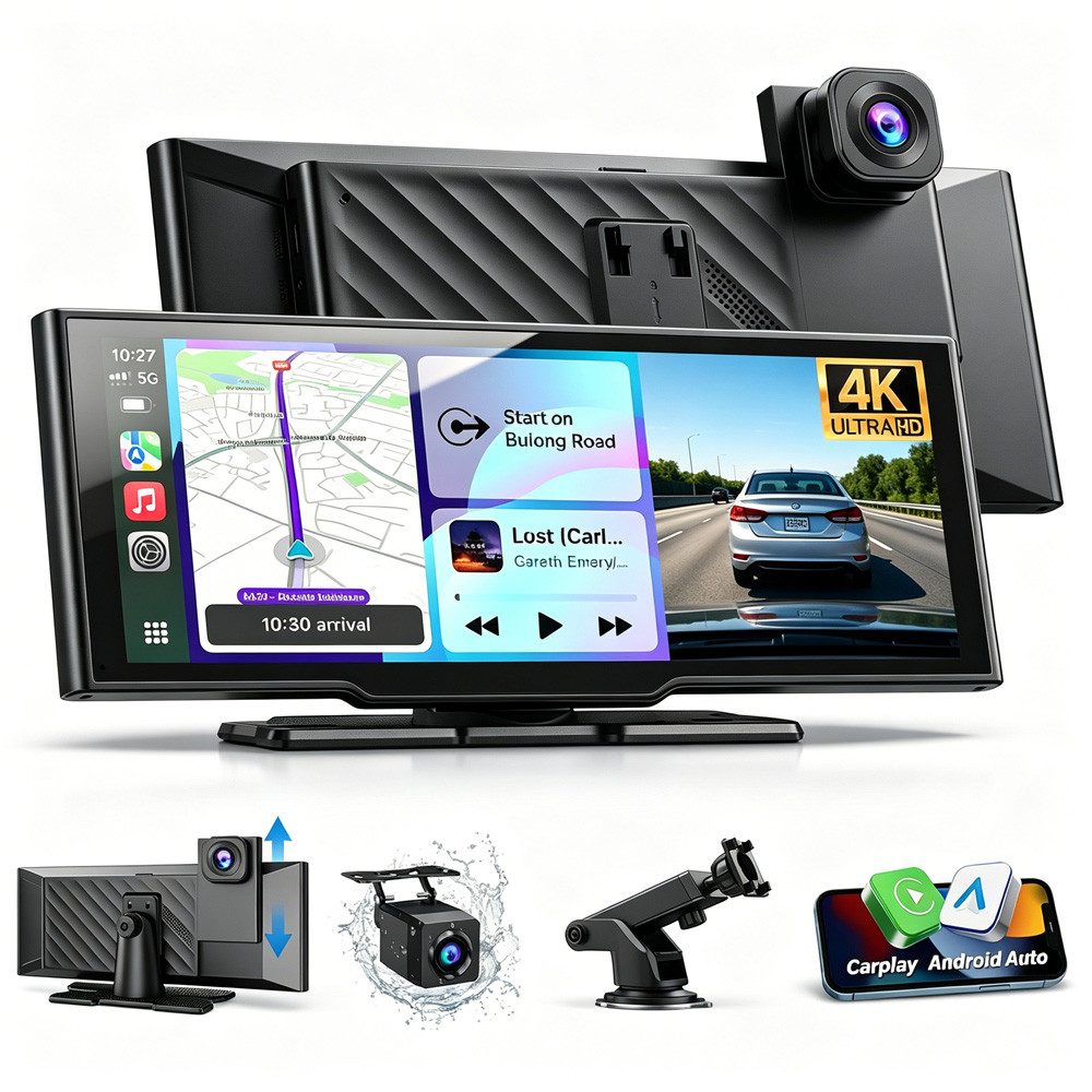 ESSGOO 10,26 Zoll 4K+1080P Carplay Android Auto BT Dashcam Autoradio Dashcam (HD, Tragbar Autoradio Rückfahrkamera IPS Touchscreen GPS Navi FM AUX)