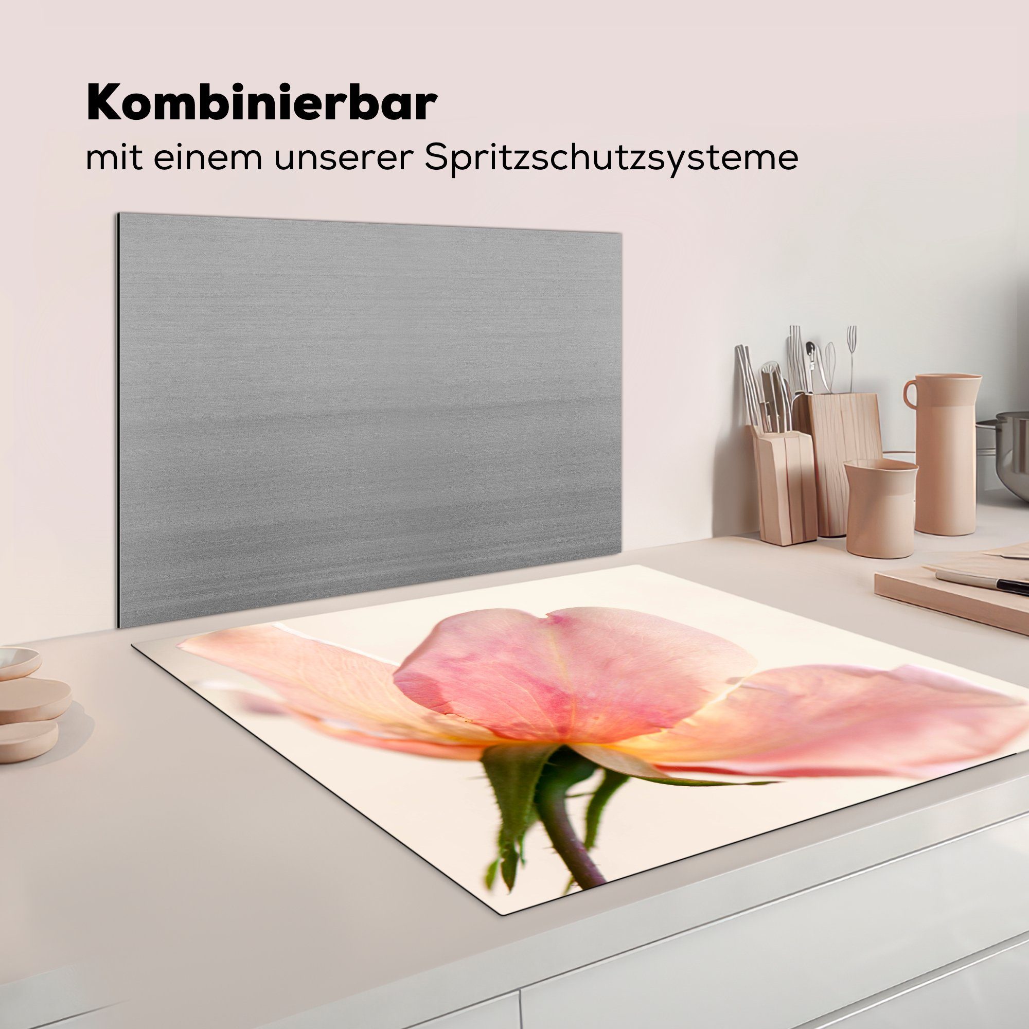 junge Hintergrund, Eine rosa Ceranfeldabdeckung, weißem tlg), 78x78 Rose Arbeitsplatte küche MuchoWow für empfindliche Herdblende-/Abdeckplatte (1 Vinyl, und mit cm, noch