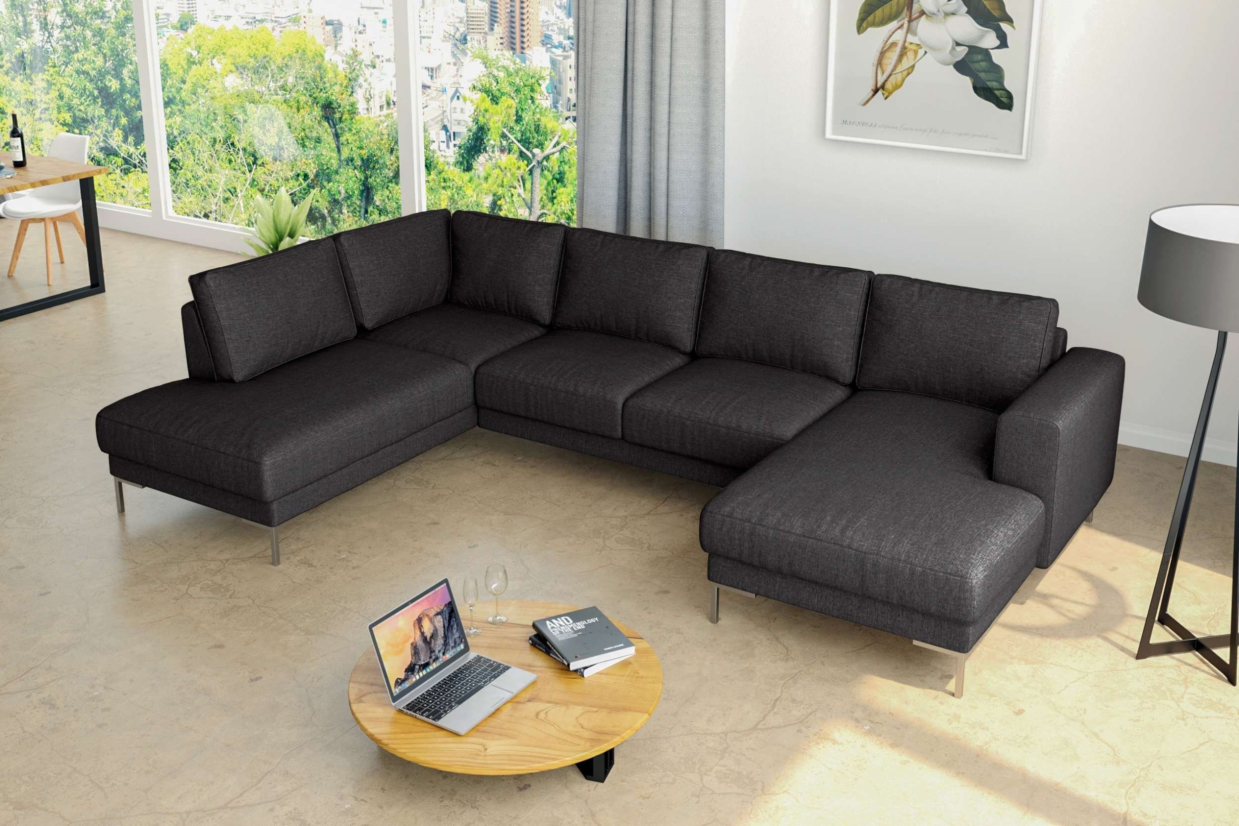 frei oder Design, bestellbar, Stylefy Santini, stellbar, Schwarz Sofa, im Wohnlandschaft Wellenfederung, Metall Raum mane Modern U-Form, rechts links mit