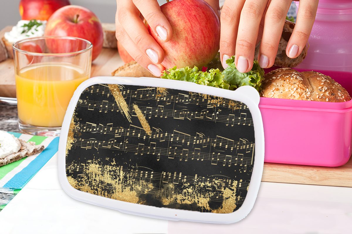 MuchoWow Lunchbox Musik - für Brotbox Schwarz, Mädchen, Gold rosa - Brotdose Snackbox, Kunststoff, Erwachsene, Kunststoff Kinder, (2-tlg)