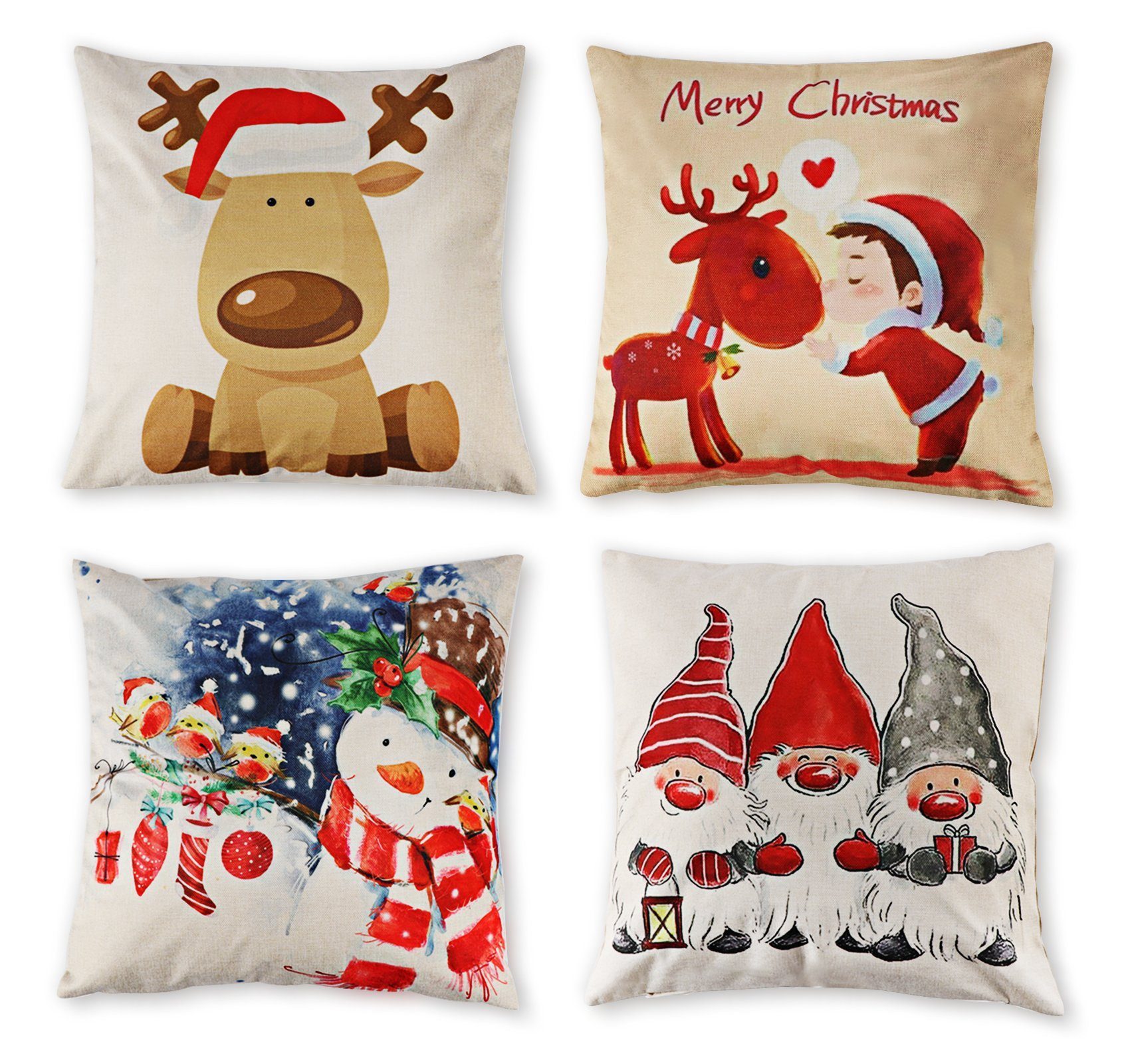 ElitVita Kissenbezüge 4tlg 45x45cm Weihnachtskissenbezüge Leinen Bezüge mit Reißverschluss, (4 Stück), Weihnachtsdeko für Kissen Zimmer Sofa
